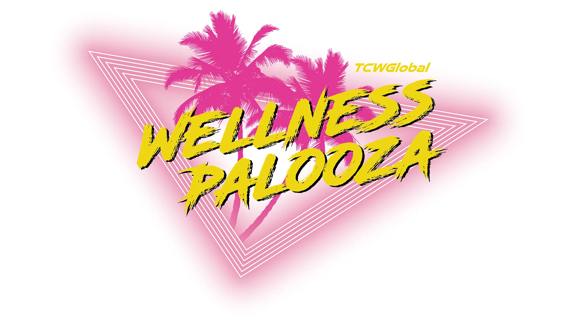 Primary Wellness Palooza logo: yellow retro script wordmark over pink palm trees inside a neon triangle
