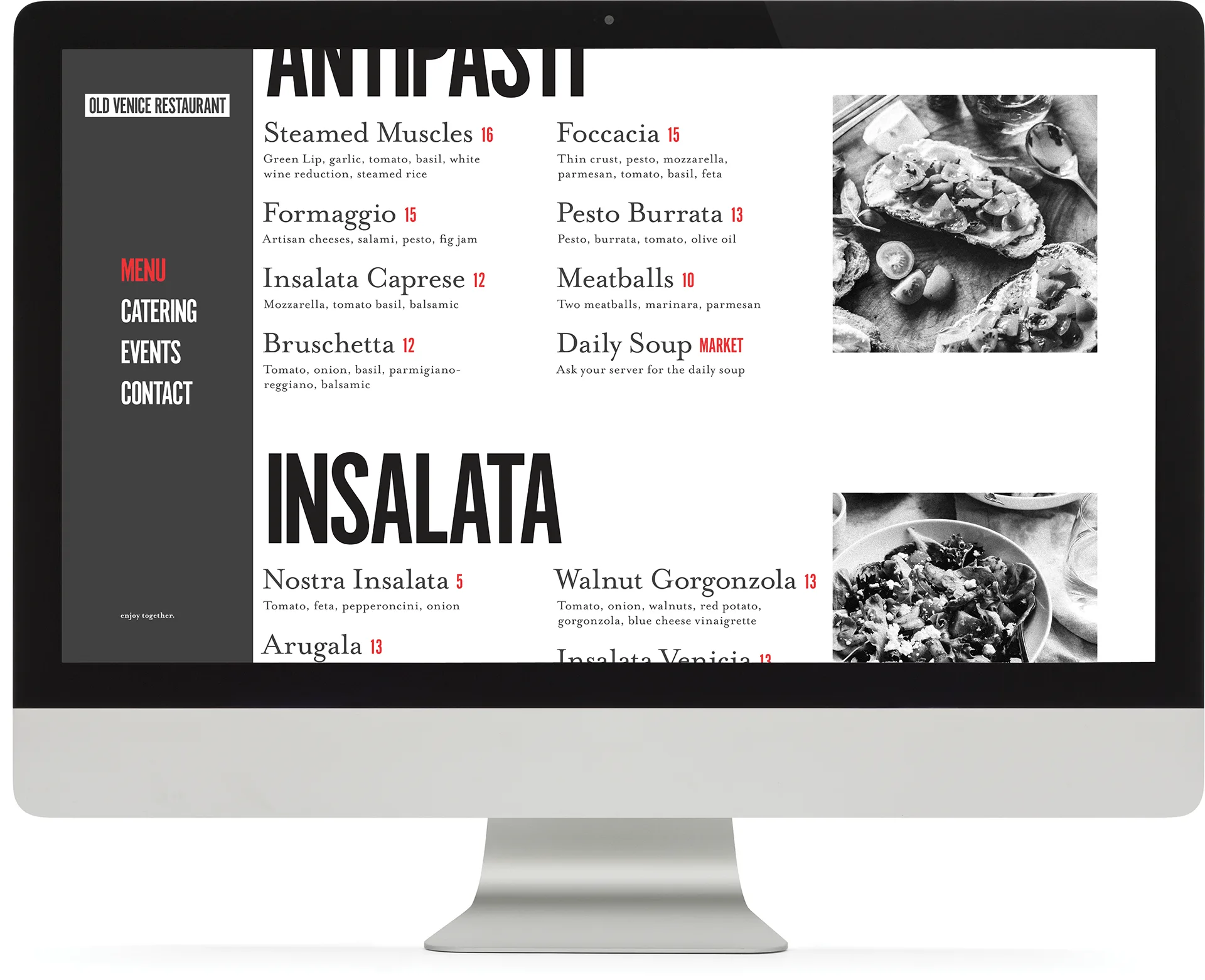 Old Venice Restaurant website menu page on a desktop monitor with sidebar navigation and food photos
