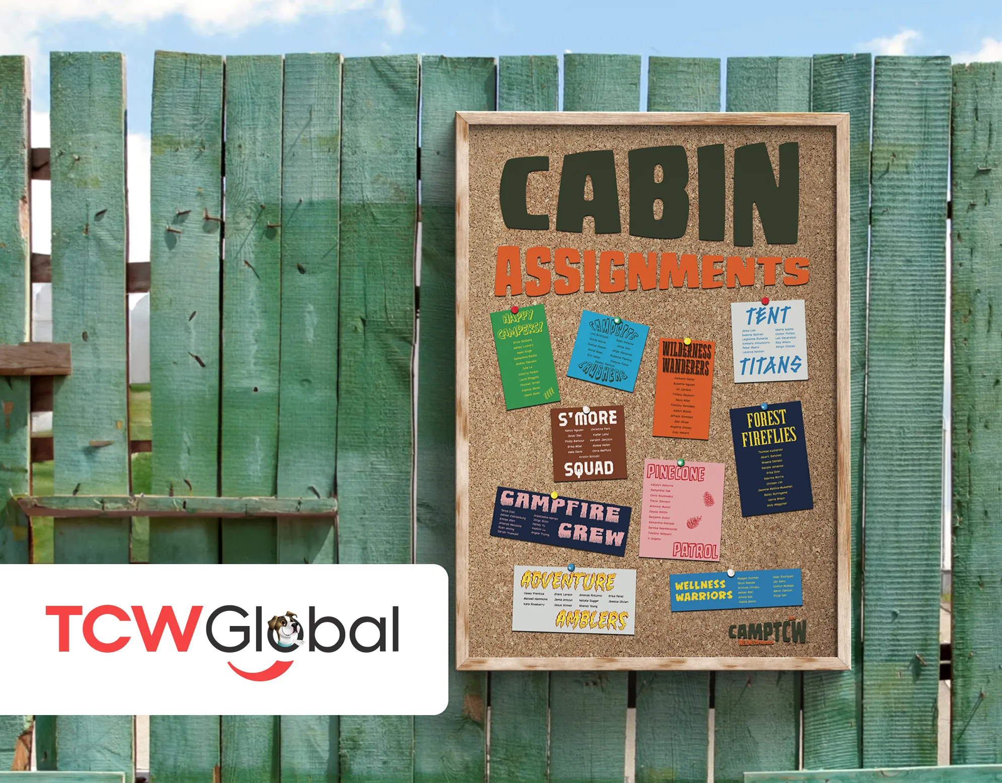 WellnessPalooza 2024 cover: camp-style Cabin Assignments corkboard with colorful team name cards mounted on a green wood fence