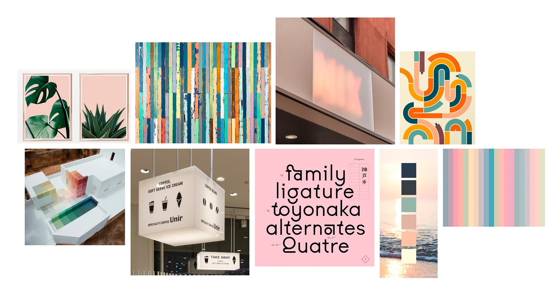 Mood board of plant art, striped painting, neon signage, and geometric poster references with a pastel color palette