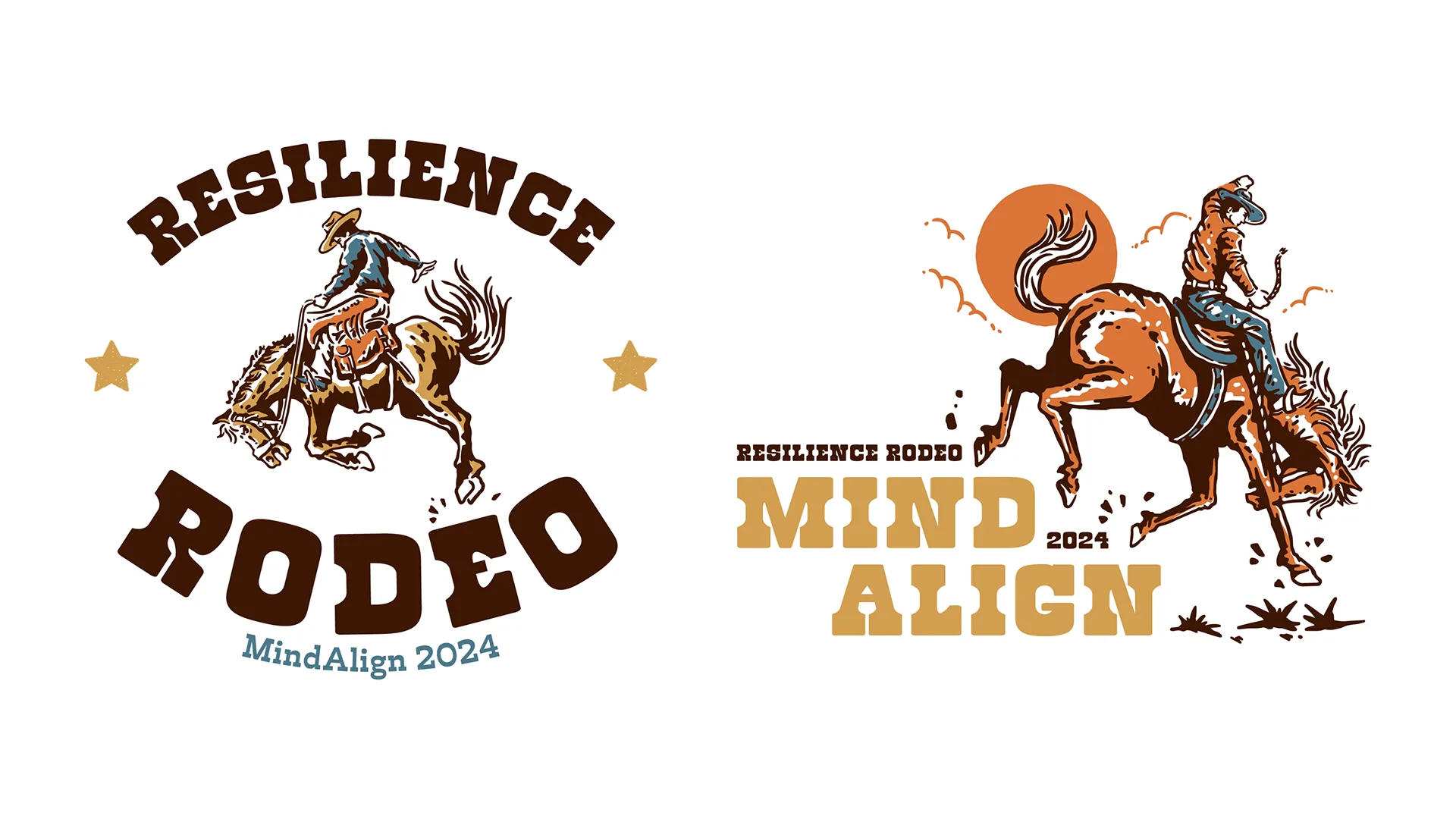 Two Resilience Rodeo MindAlign 2024 lockups, one stacked over a bronco rider and one horizontal on an orange sunset background