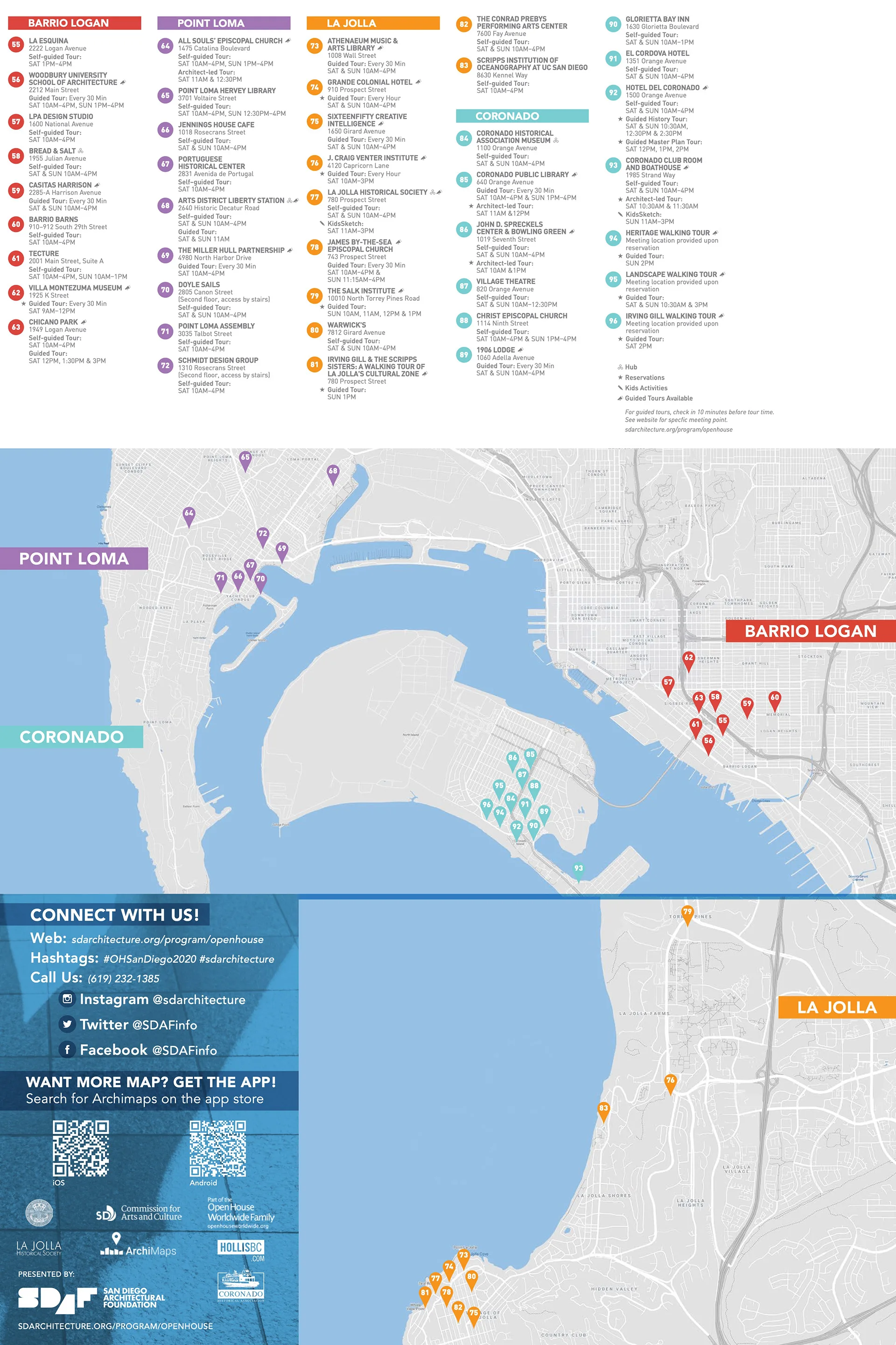 Location Guide Booklet spread listing sites by neighborhood with a map of Coronado and San Diego Bay