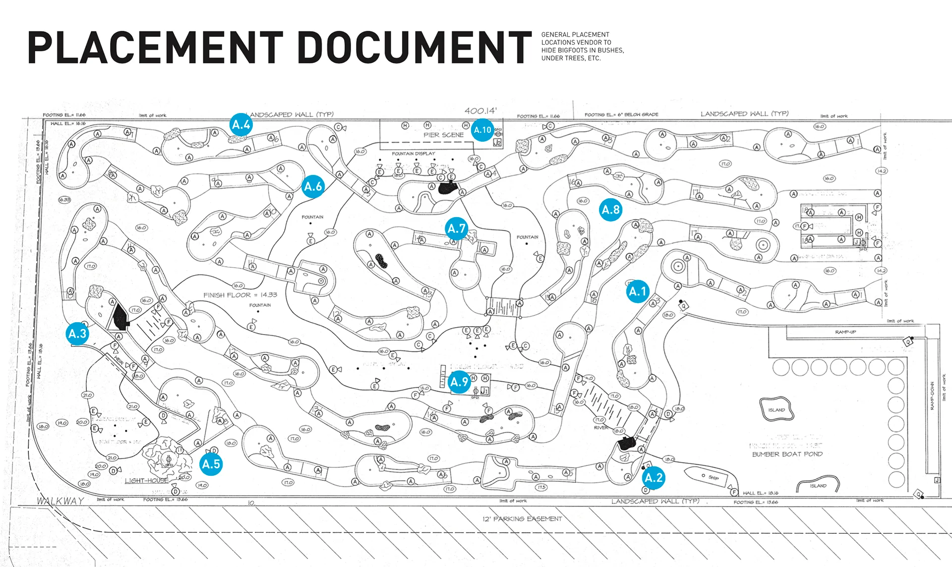 Site placement map marking eight bigfoot cutout locations across the mini golf course layout