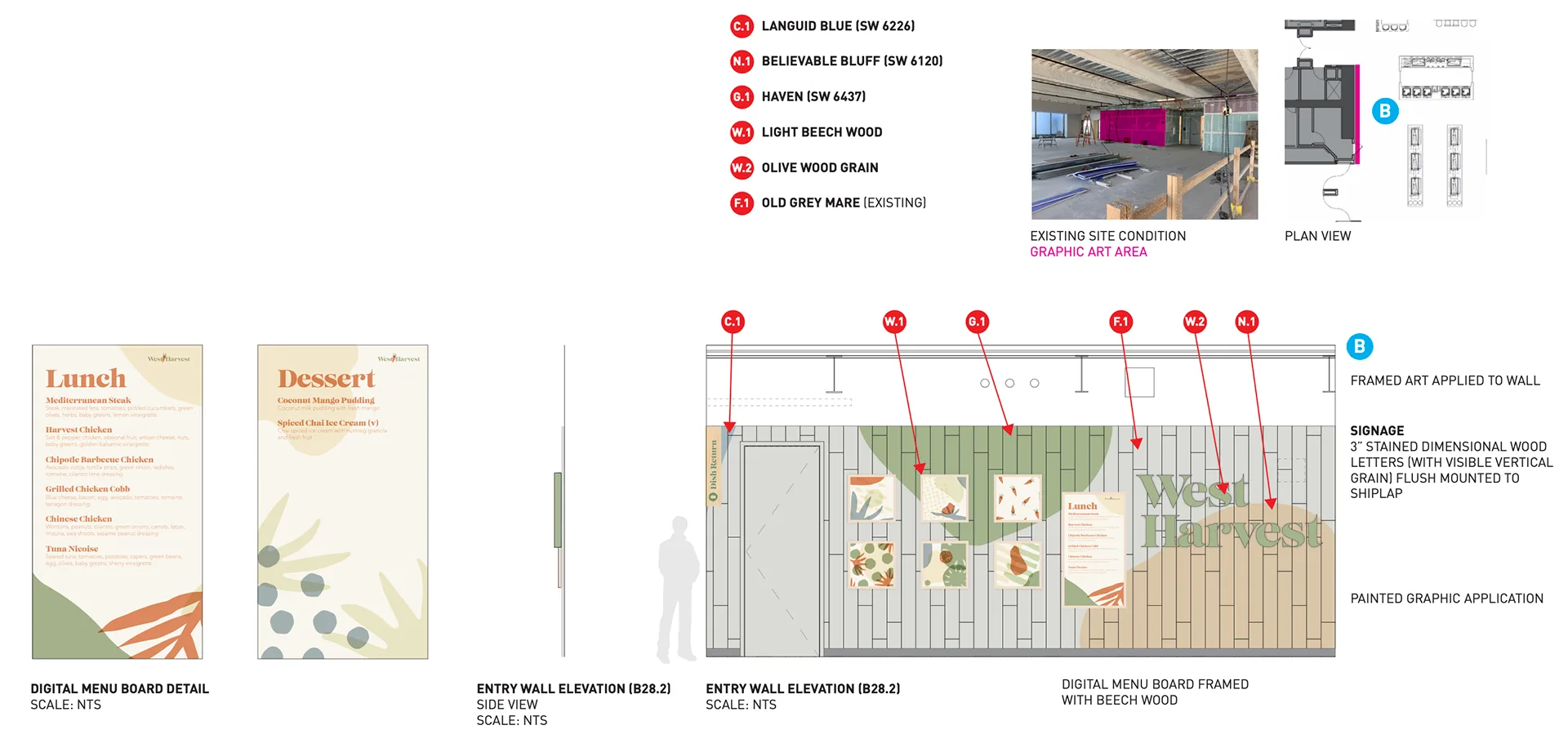 Digital menu board and entry wall elevation spec sheet with Lunch and Dessert menu mockups and paint callouts