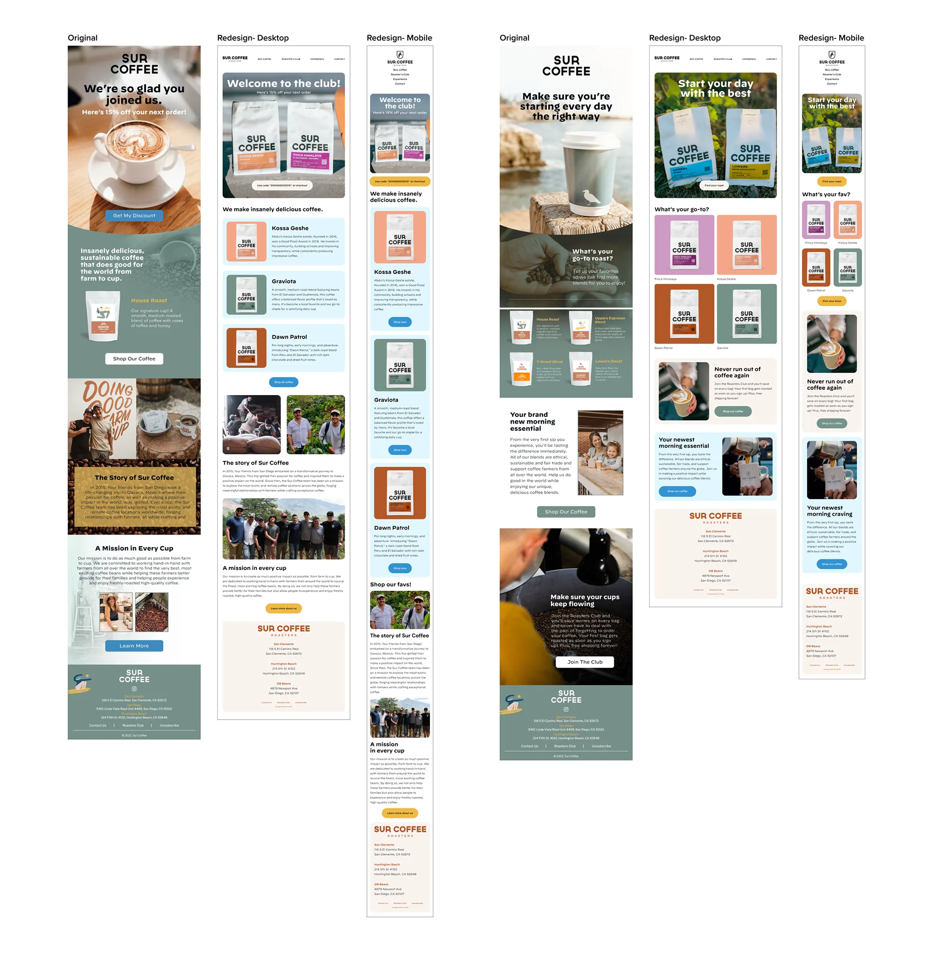 Original versus redesigned Sur Coffee emails for the Welcome to the Club and Start Your Day With the Best messages