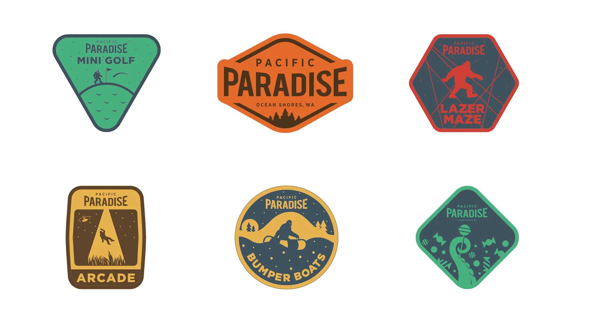 Color badge icon set for Pacific Paradise's mini golf, lazermaze, arcade, bumper boats, and snack bar