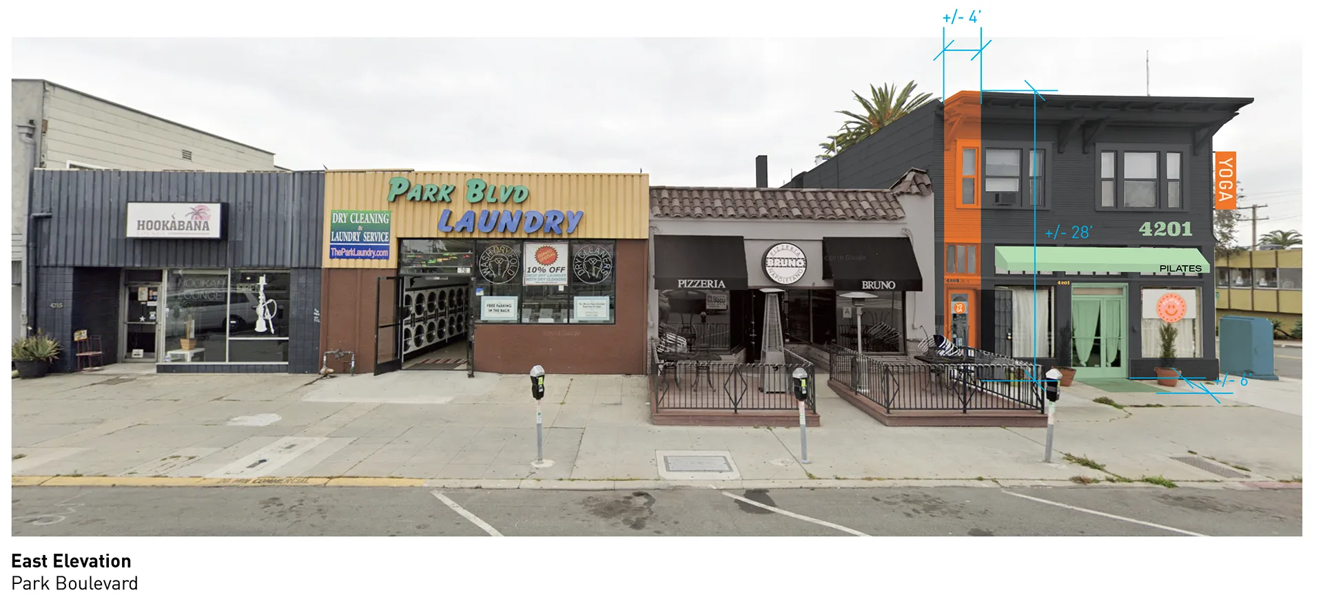 Concept rendering of the Park Boulevard east elevation with proposed green and orange color blocking and dimension callouts