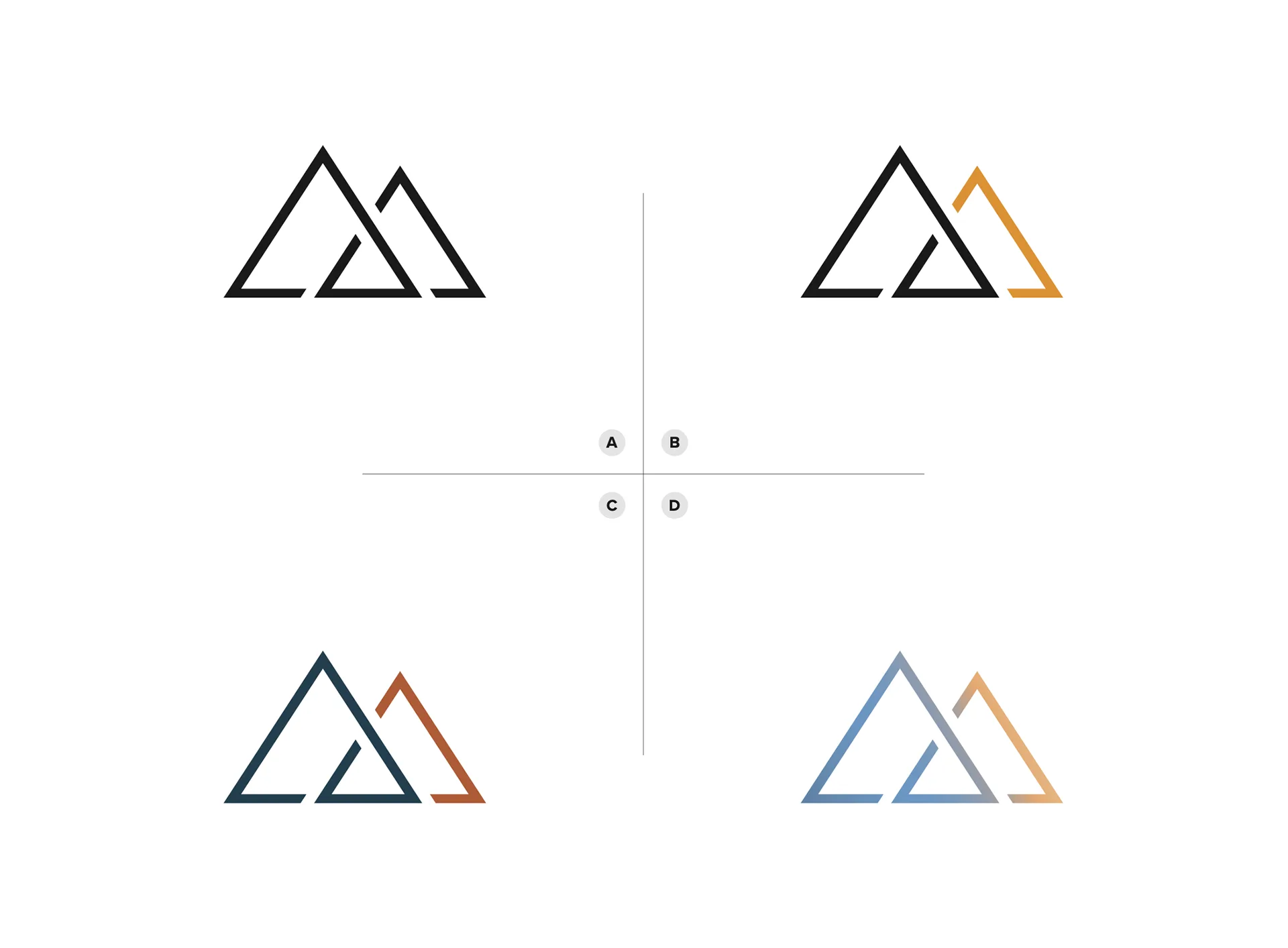 Four-quadrant line-art studies of a double-peak mountain mark in black and orange
