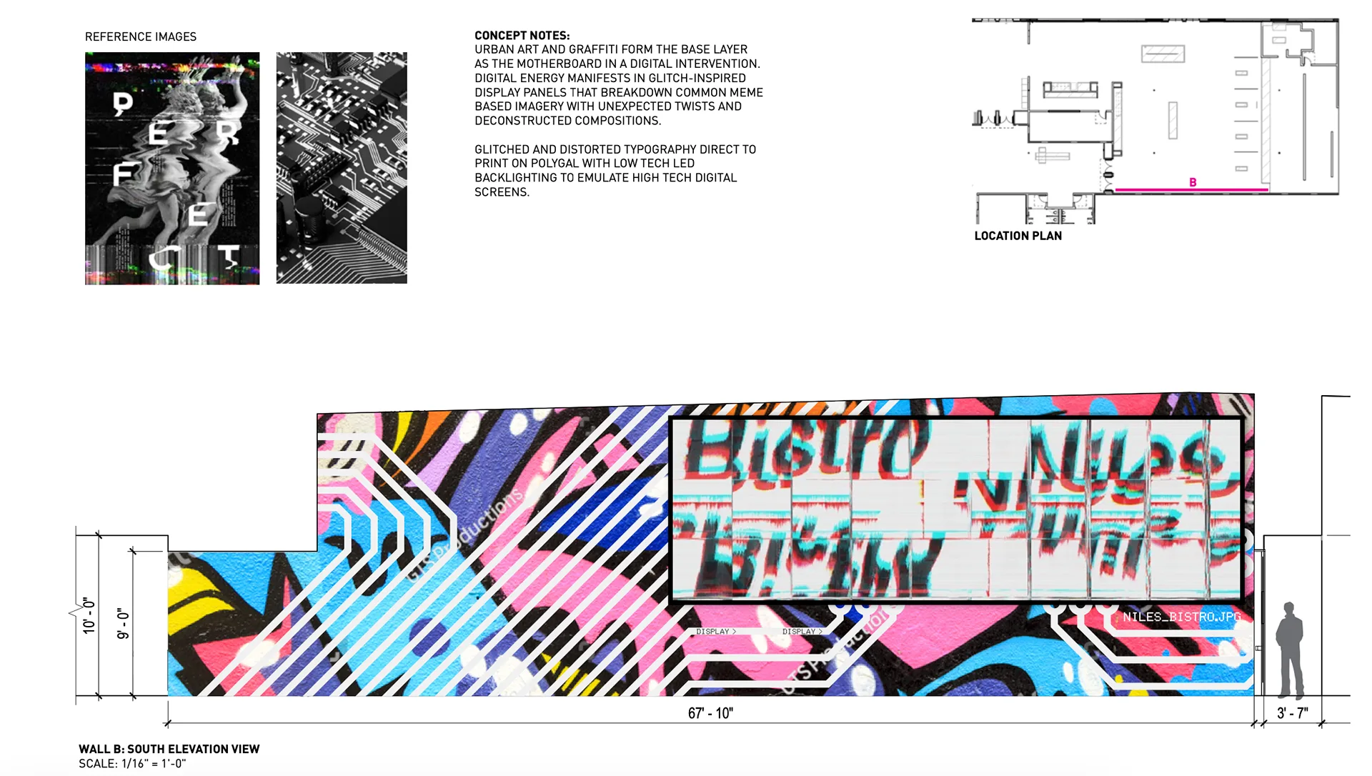 Wall elevation for a glitch-style graffiti mural with distorted Bistro typography over a colorful digital-glitch background, with reference posters