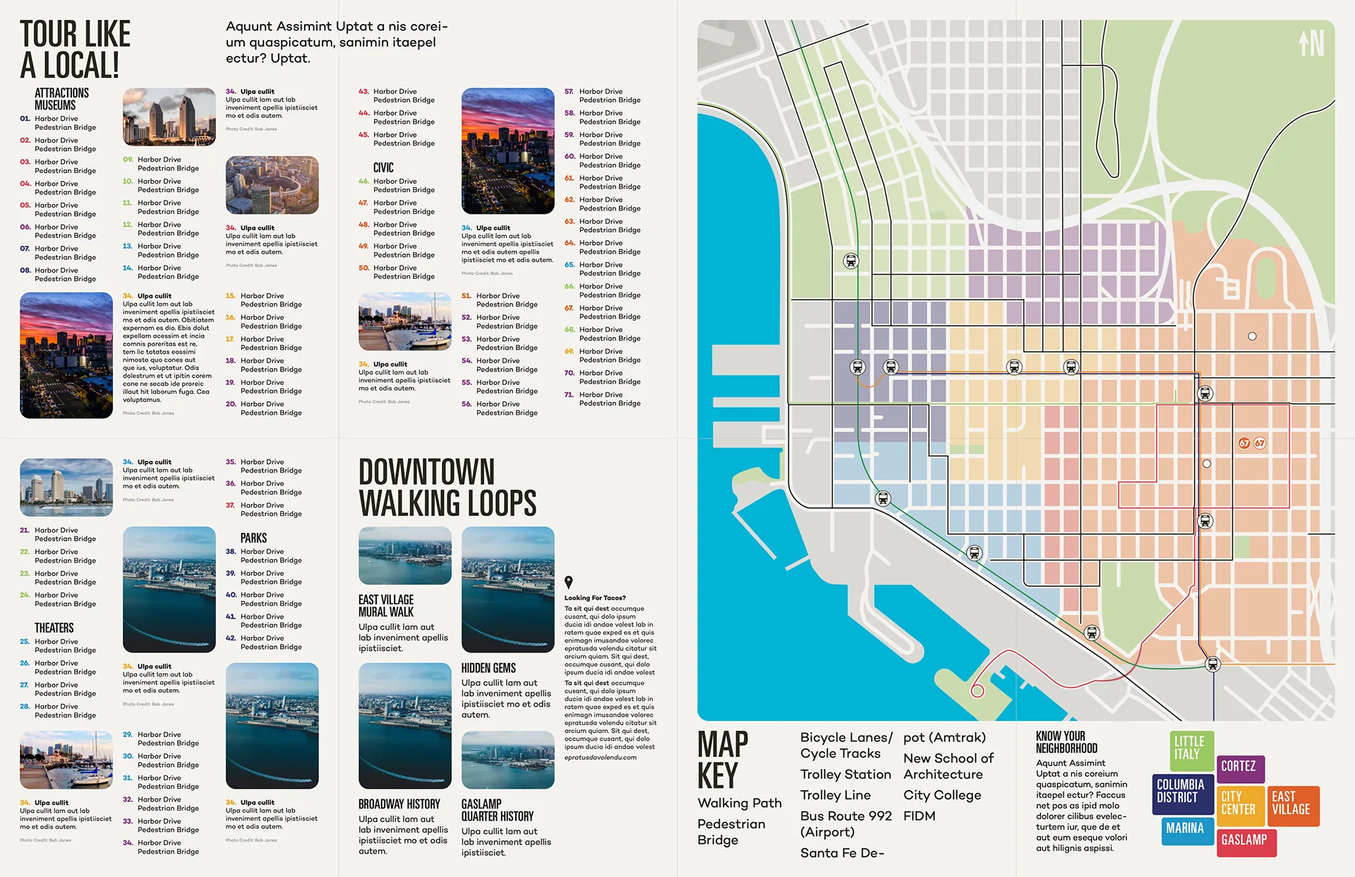 Tour Like a Local guide spread with attractions and walking-loop listings beside the color-coded downtown map key