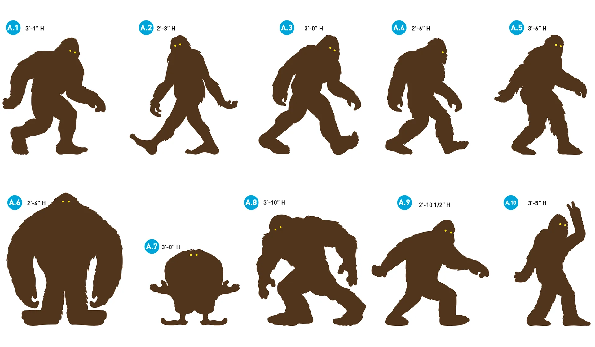 Ten bigfoot silhouette cutout variations in different poses and heights for course placement