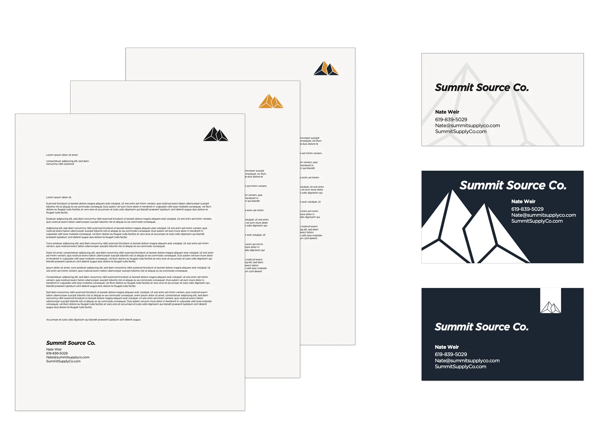 Summit Source Co. letterhead and business card mockups showing the mountain logo in black, navy, and orange