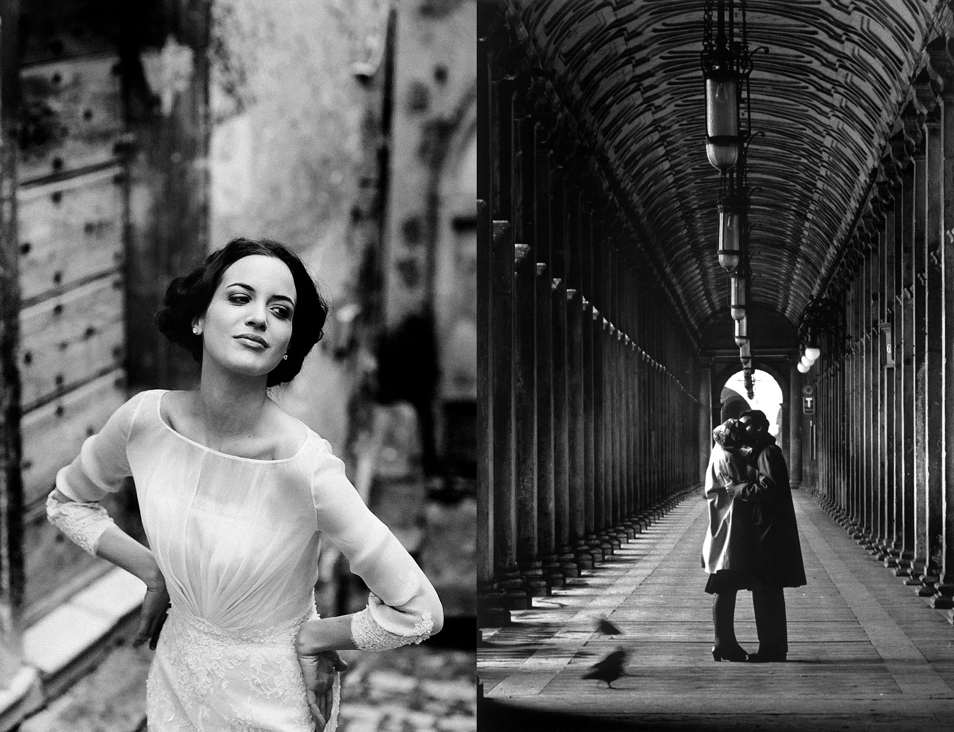 Two black-and-white photos: a woman in a white dress in an alley, and a couple embracing under a Venice colonnade