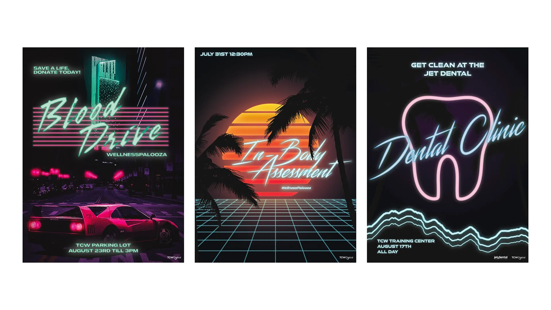 Three event posters: Blood Drive, In Body Assessment, and Dental Clinic, each in a neon eighties style