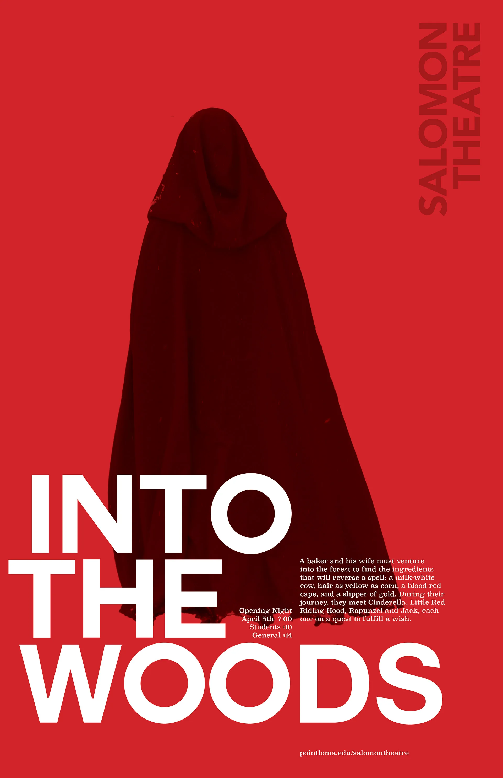 Red Into the Woods poster with a silhouetted hooded cloak figure and Salomon Theatre show details