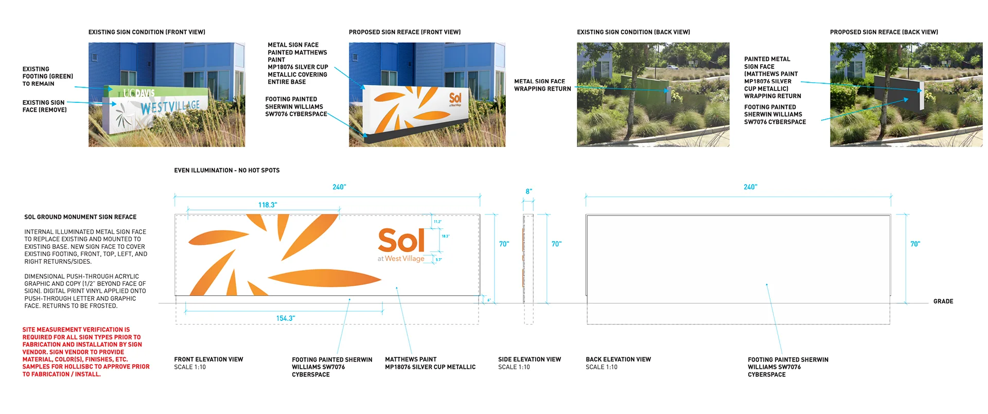 Exterior monument sign spec comparing existing signage to the proposed Sol at West Village design, with dimensioned elevation drawings