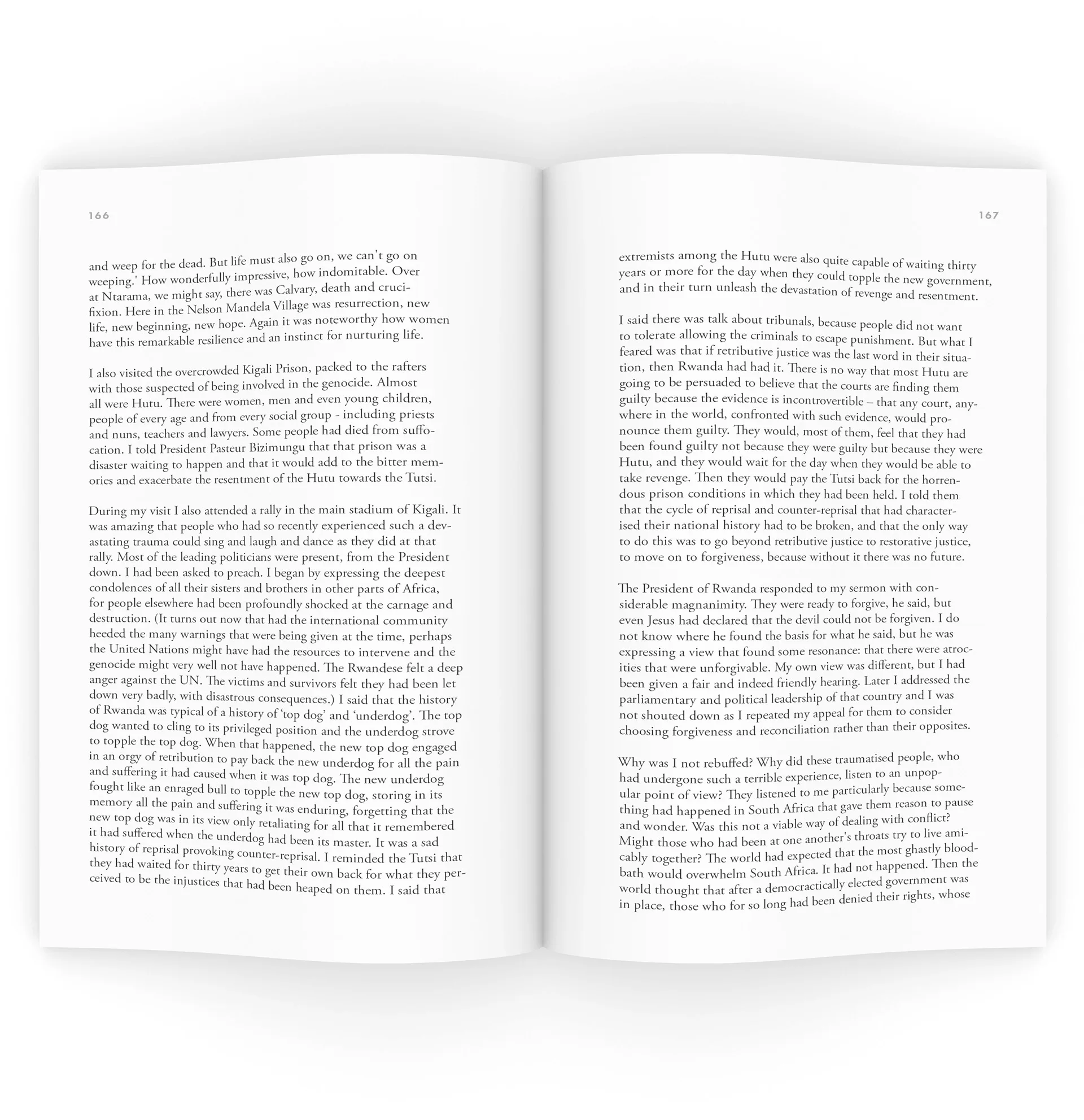 Book spread of dense body text from an essay recounting a visit to Rwanda after the genocide