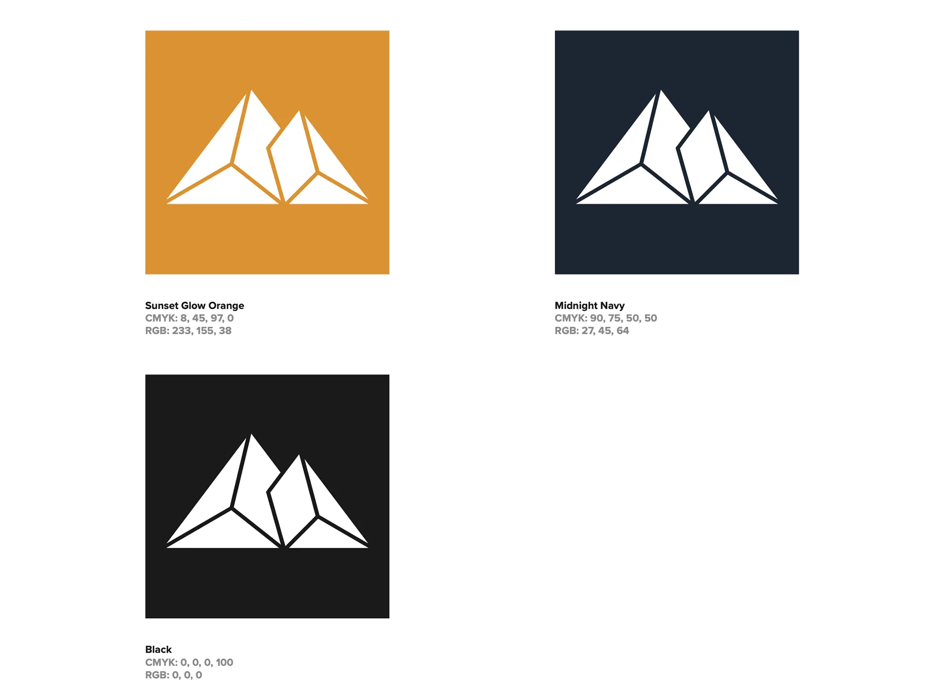 Brand color palette squares in Sunset Glow orange, Midnight Navy, and black with the mountain icon reversed out