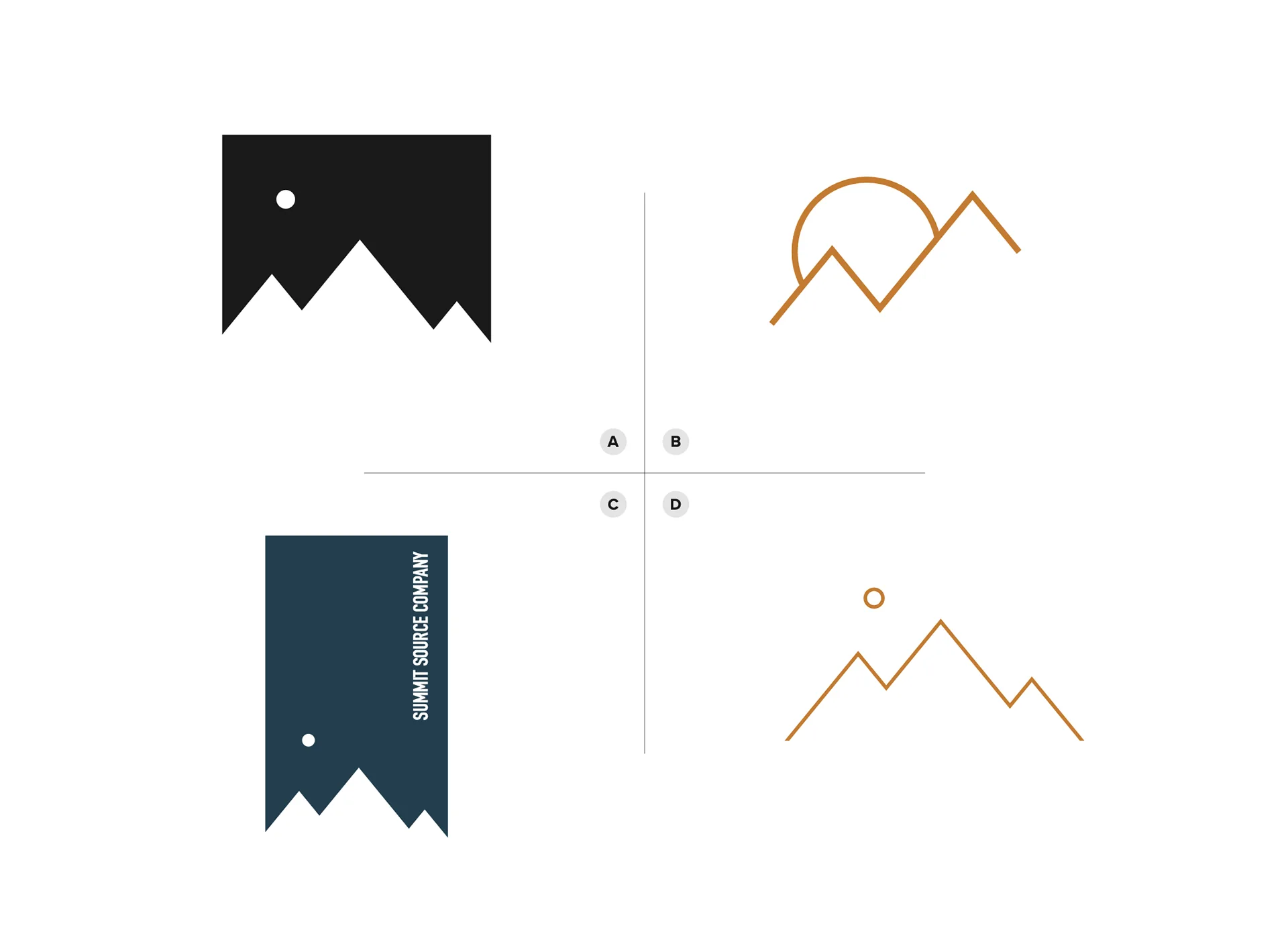 Four-quadrant studies of badge and outline mountain marks with sunrise and dot accents