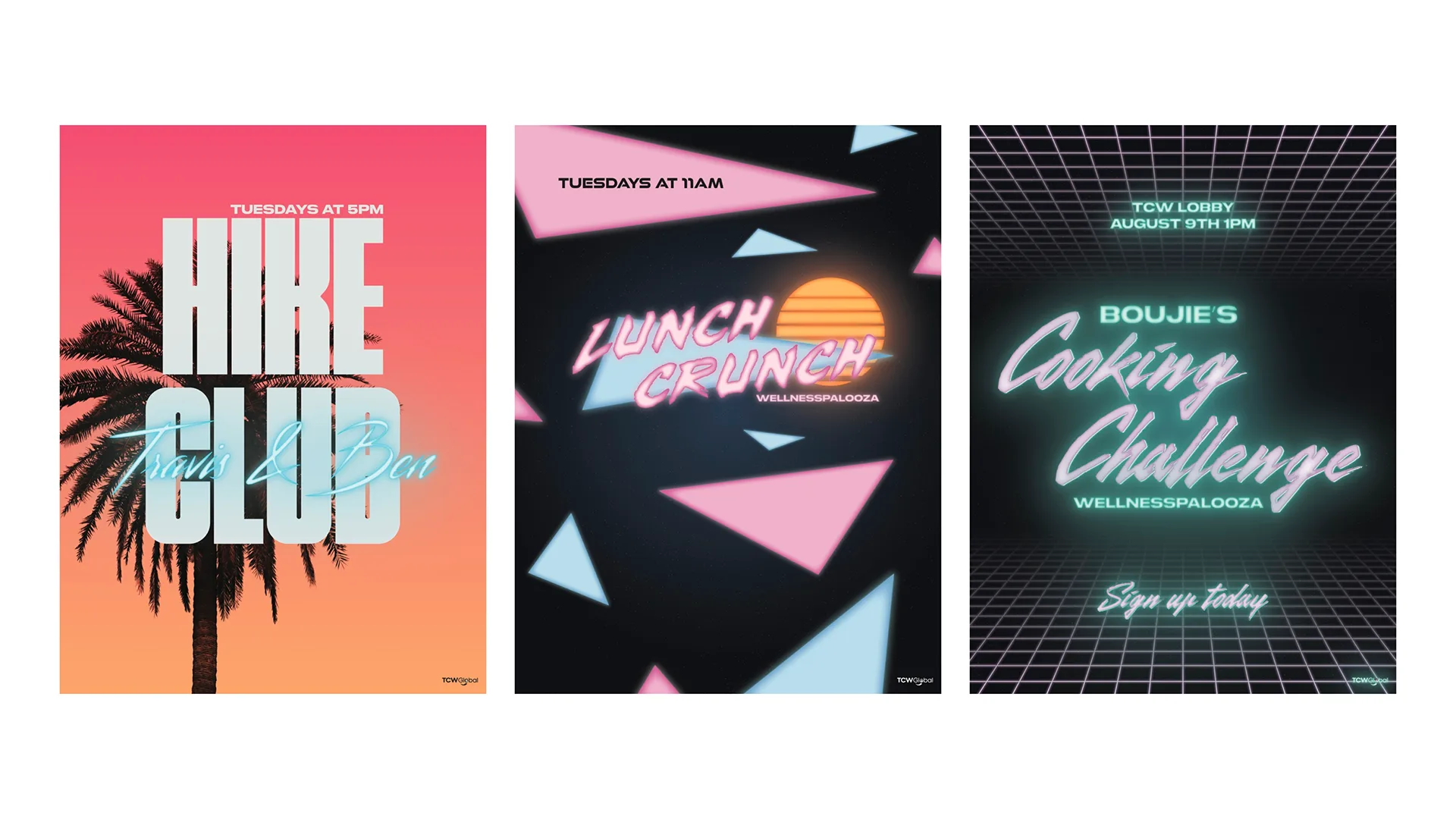 Three event posters: Hike Club, Lunch Crunch, and Boujie's Cooking Challenge, in a retro sunset palette
