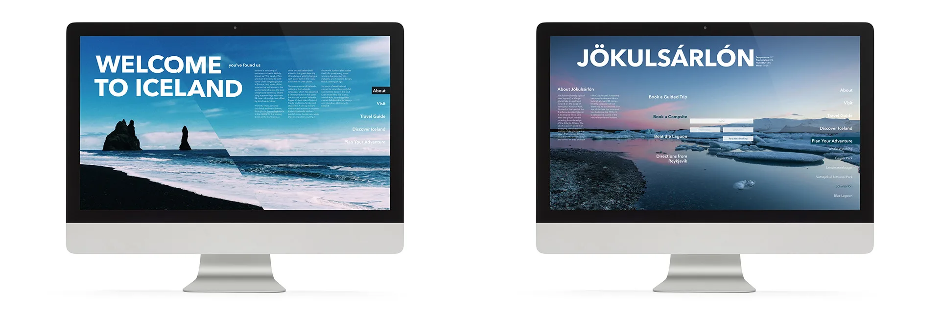 Two desktop monitor mockups of the Iceland travel website, showing the Welcome to Iceland homepage and Jökulsárlón glacier lagoon page