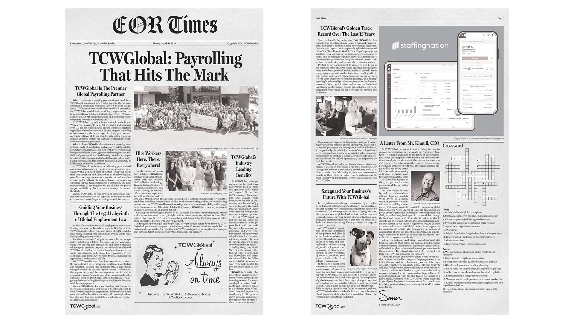 Two-page spread of the EOR Times keepsake newspaper with feature articles, a staffing app screenshot, and a crossword puzzle
