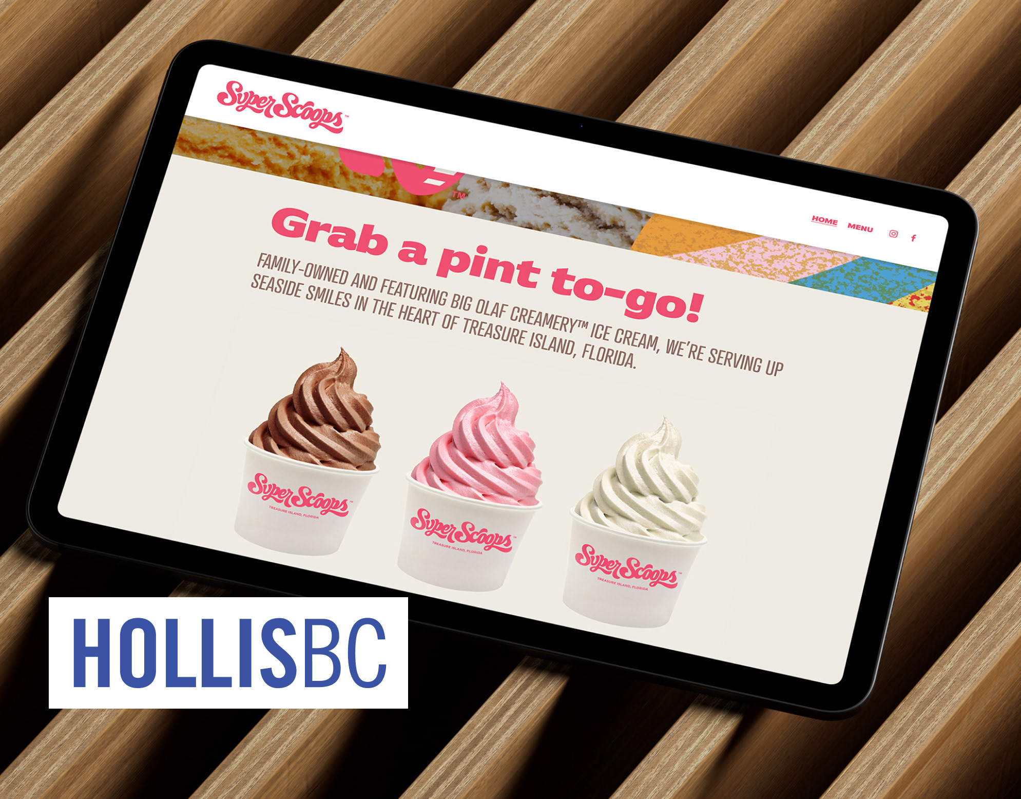 Super Scoops Website cover: tablet showing the Super Scoops ice cream website with three soft-serve cups pictured