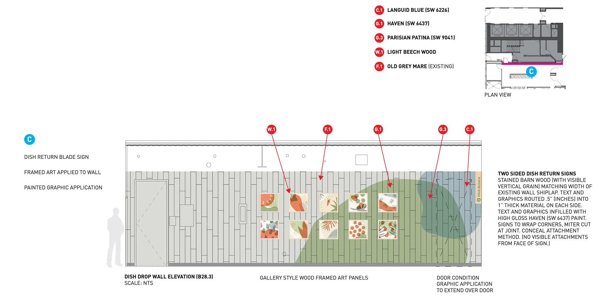 Dish drop wall elevation spec sheet showing framed produce-pattern art panels and paint color callouts