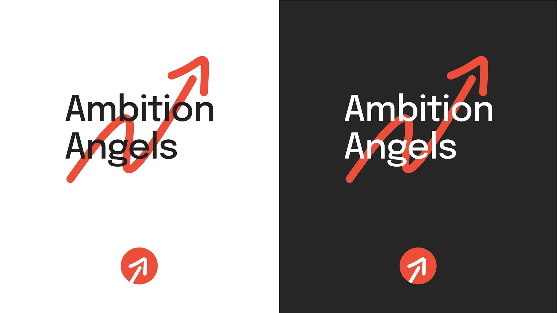 Ambition Angels wordmark logo in black on white and white on black, with a red arrow mark and circular icon