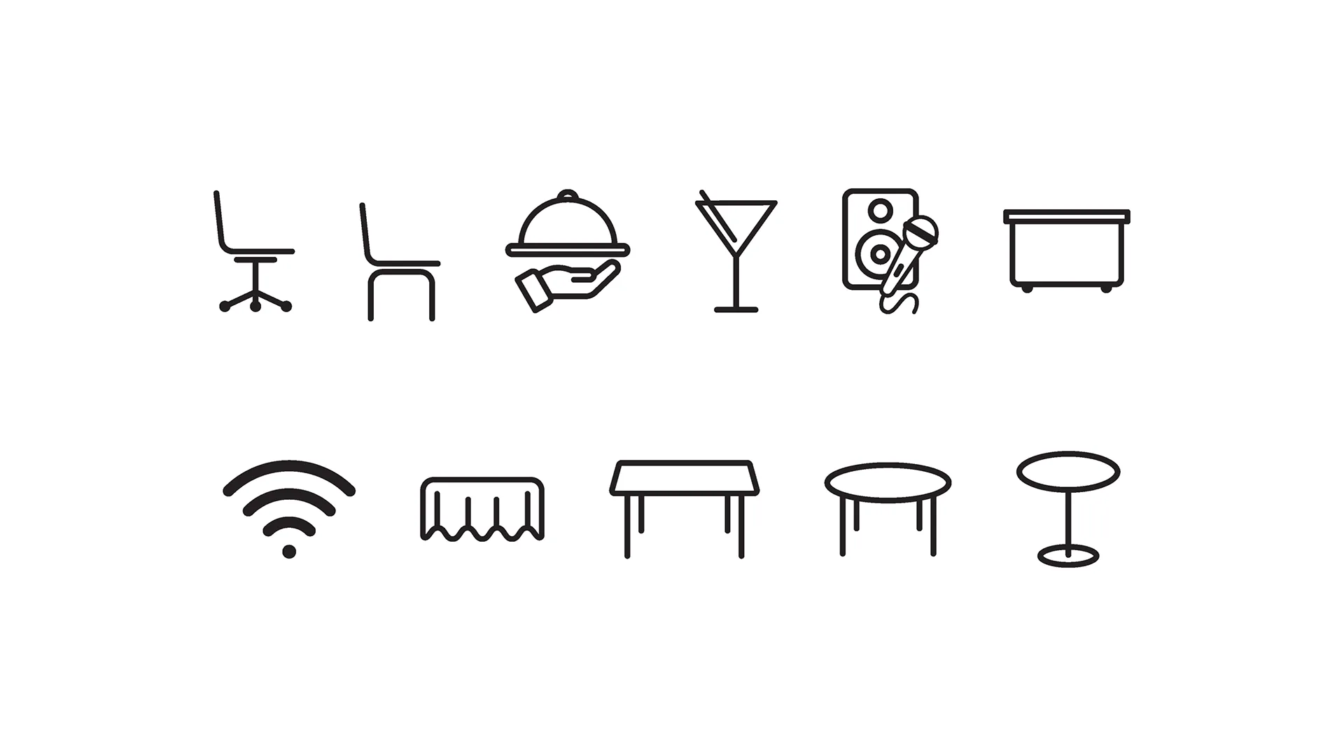 La Maison Event Space custom icon set for chairs, food service, cocktails, wifi, and table layouts