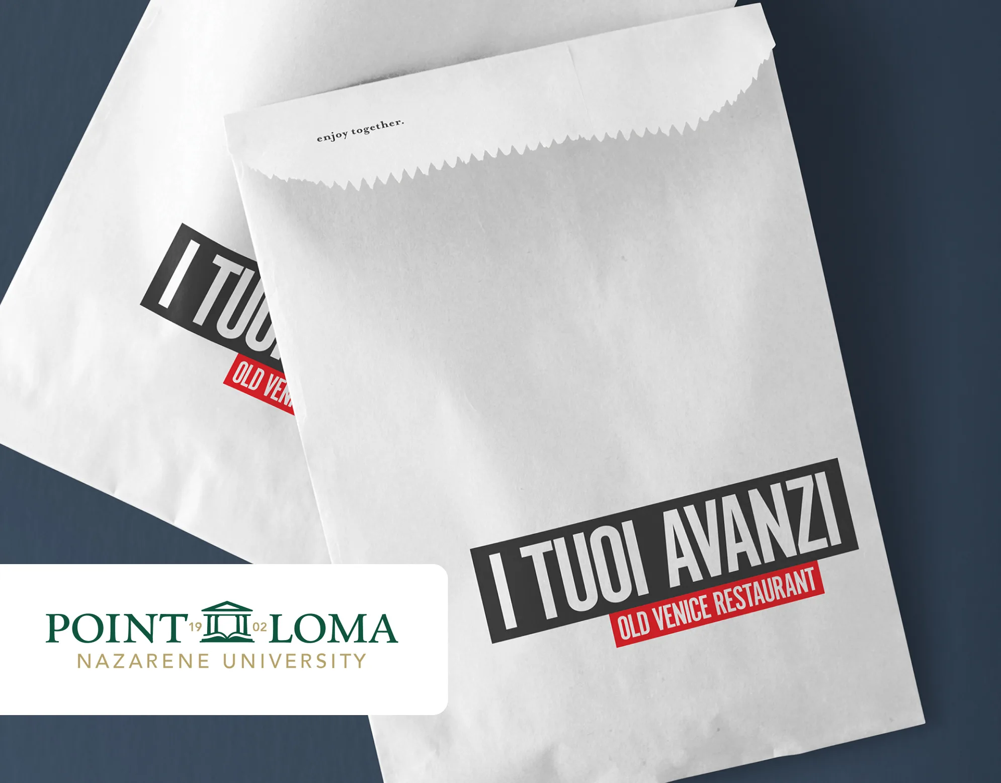 Old Venice Restaurant cover: two white to-go bags printed I Tuoi Avanzi, Old Venice Restaurant, on a navy background