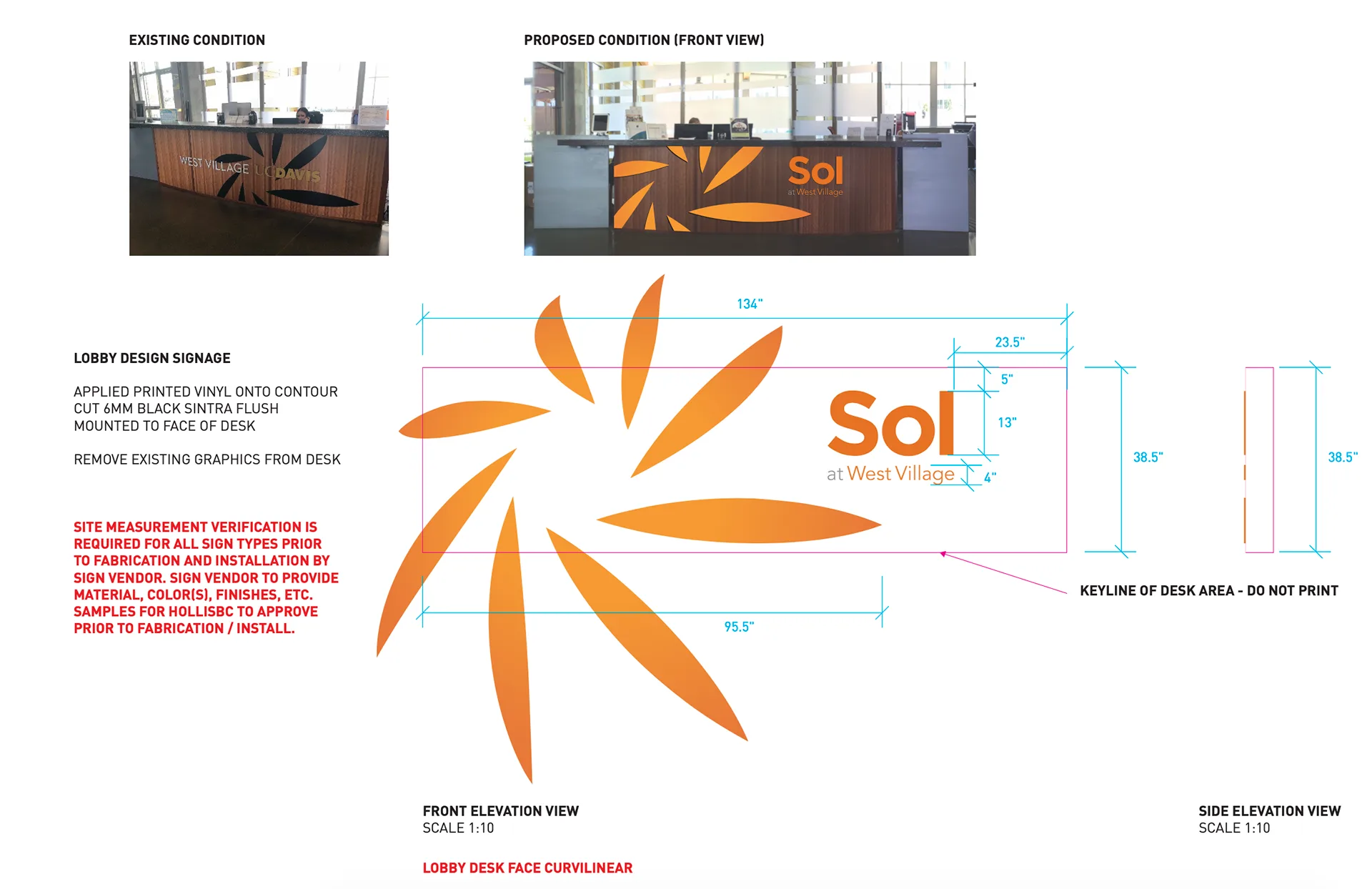 Lobby desk signage spec comparing existing and proposed Sol at West Village sunburst wraps, with dimensioned elevation drawings