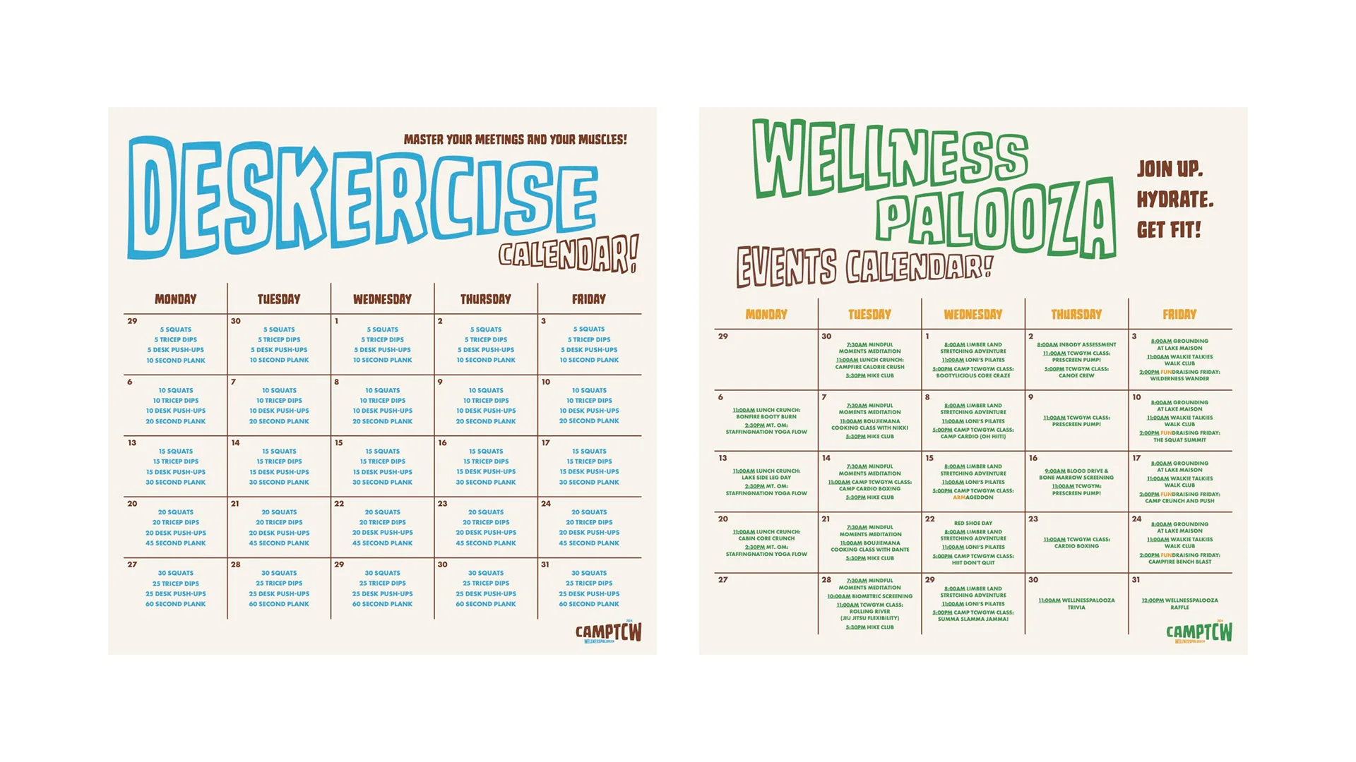 Two monthly calendar posters: a Deskercise office-workout calendar and a WellnessPalooza Events Calendar, both Camp TCW branded