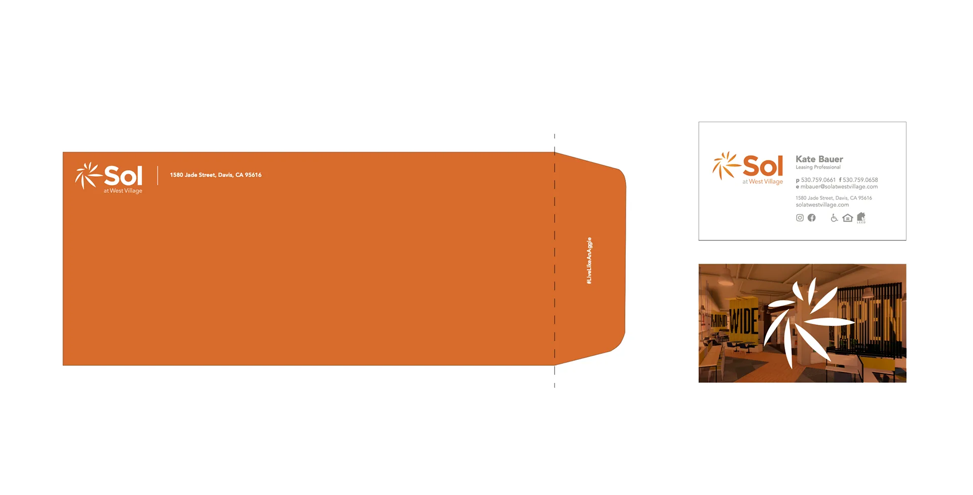 Sol at West Village stationery mockup: an orange envelope, a leasing professional's business card, and a we're open window cling
