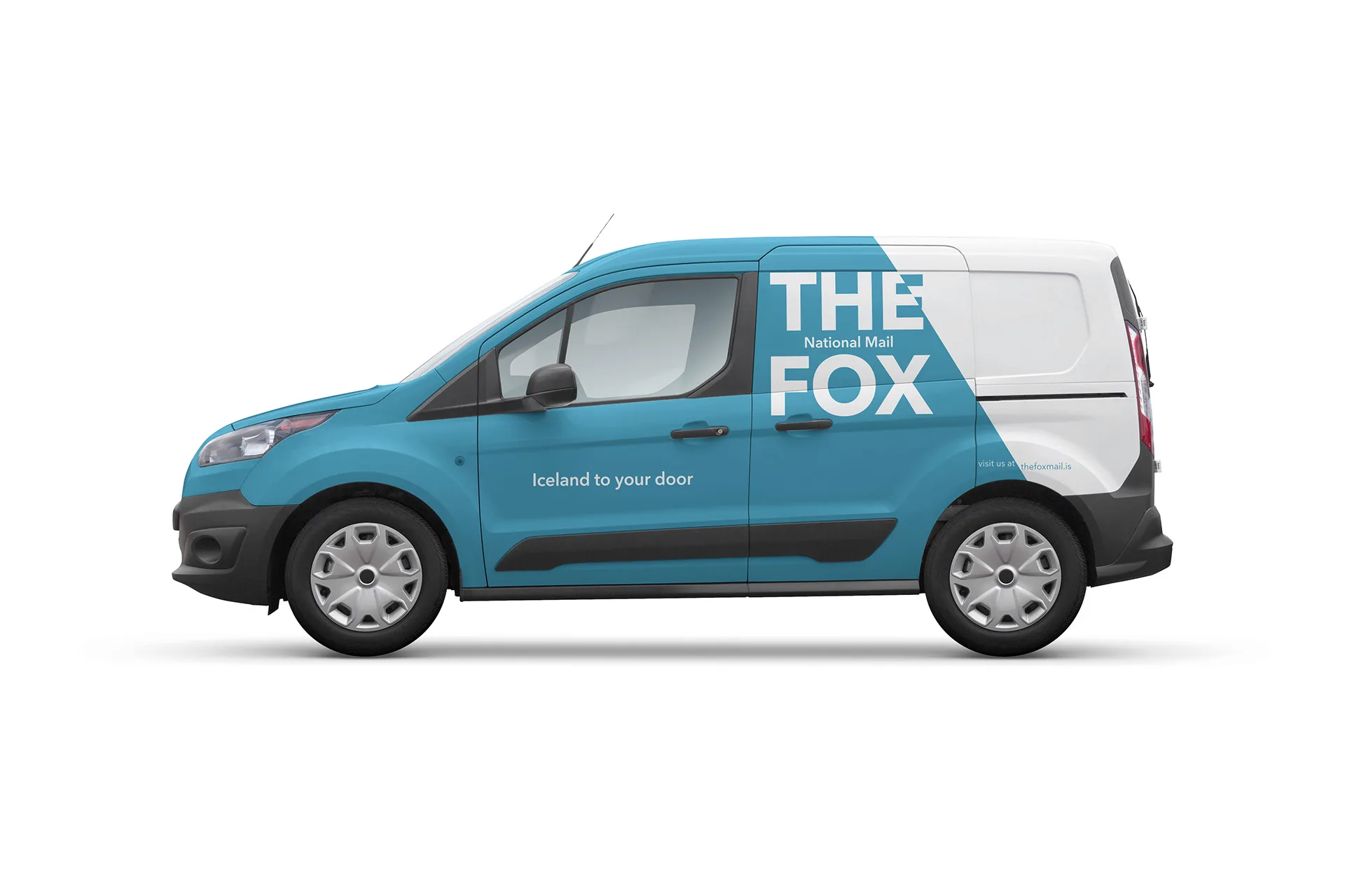 The Fox National Mail delivery van wrapped in teal and white with the tagline Iceland to your door