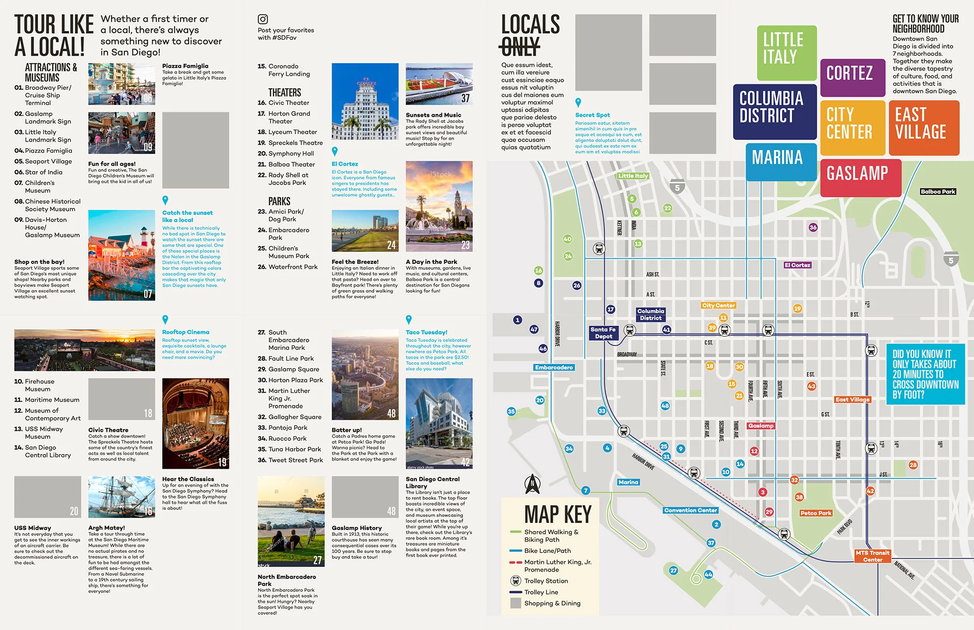 Locals Only neighborhood-highlights page beside a Get to Know Your Neighborhood map with color-coded downtown districts
