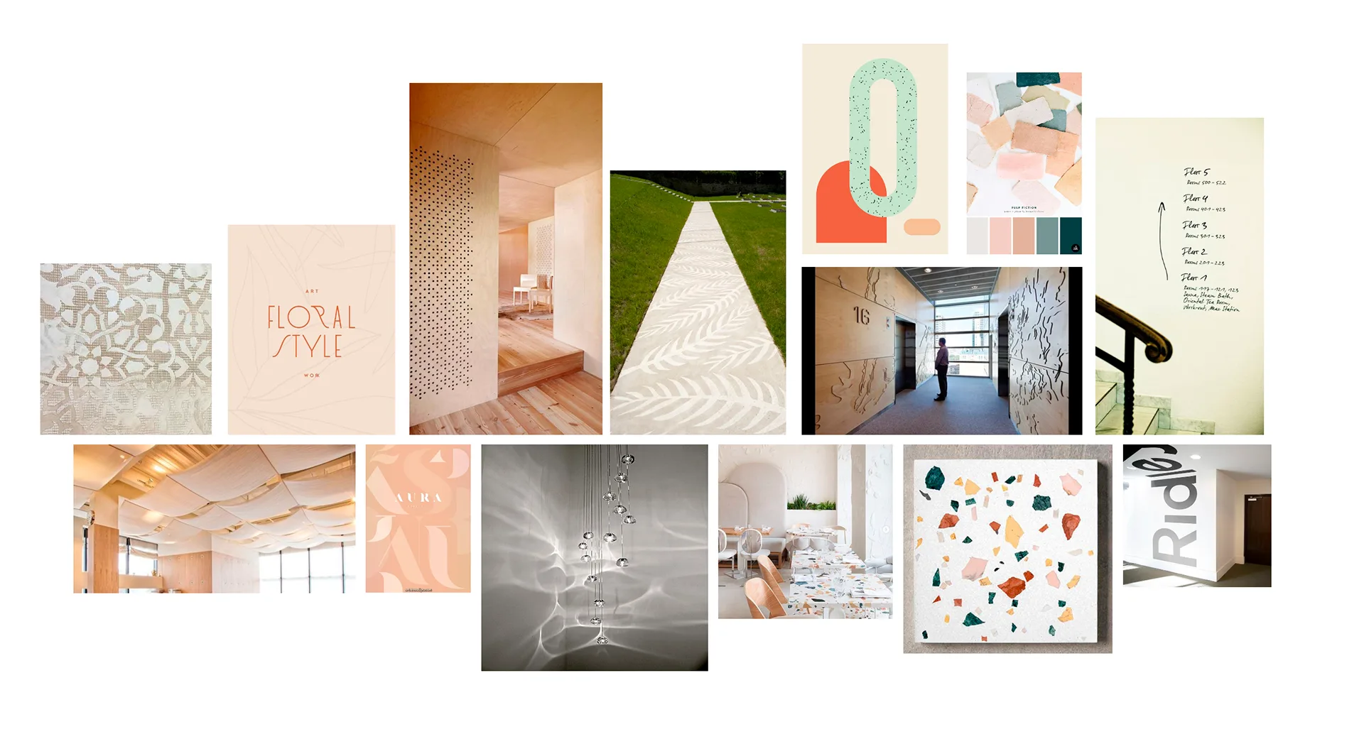 Mood board of patterned textures, a floral style poster, terrazzo art, and stairwell wayfinding signage references