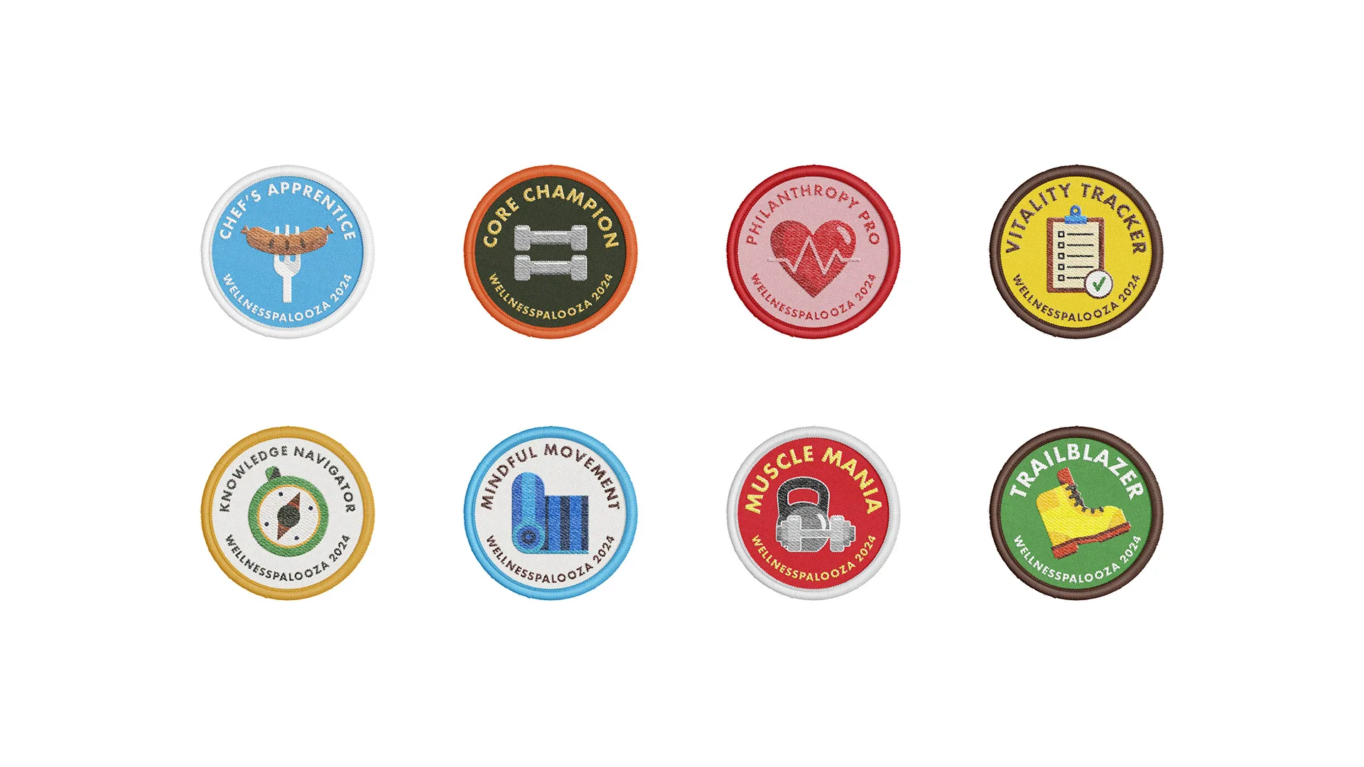 Eight flat circular badge icons representing WellnessPalooza 2024 activities such as Core Champion and Chef's Apprentice