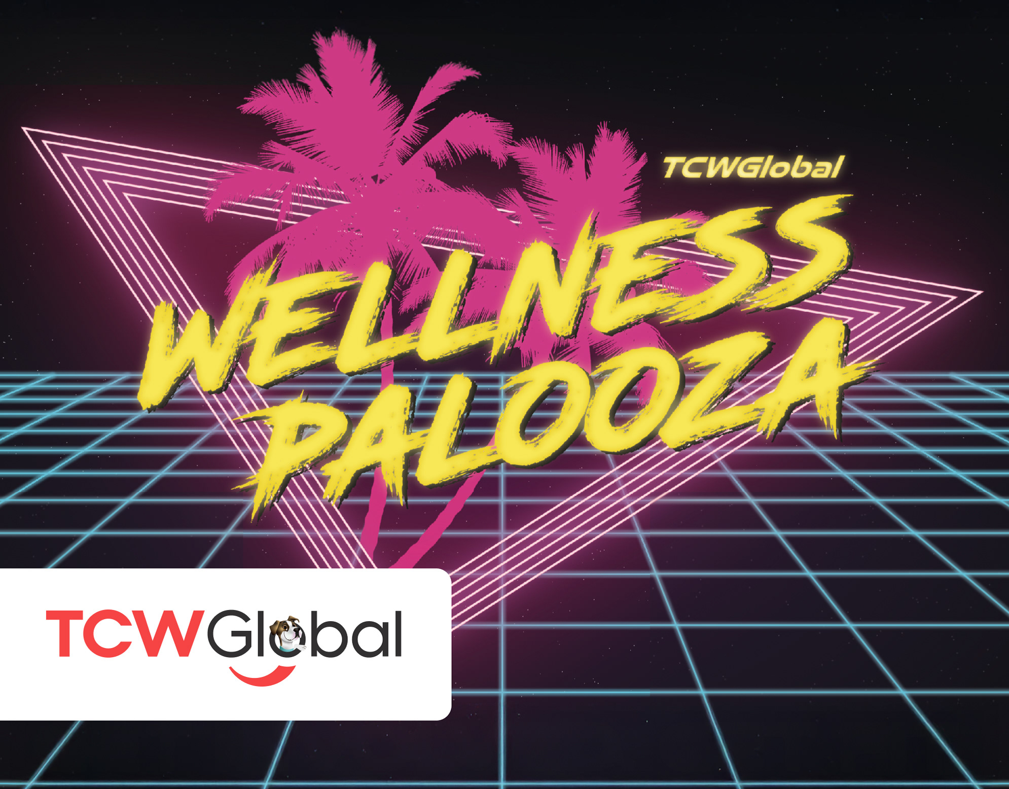 WellnessPalooza 2023 cover: retro 80s synthwave graphic with neon palm trees and grid behind the Wellness Palooza title