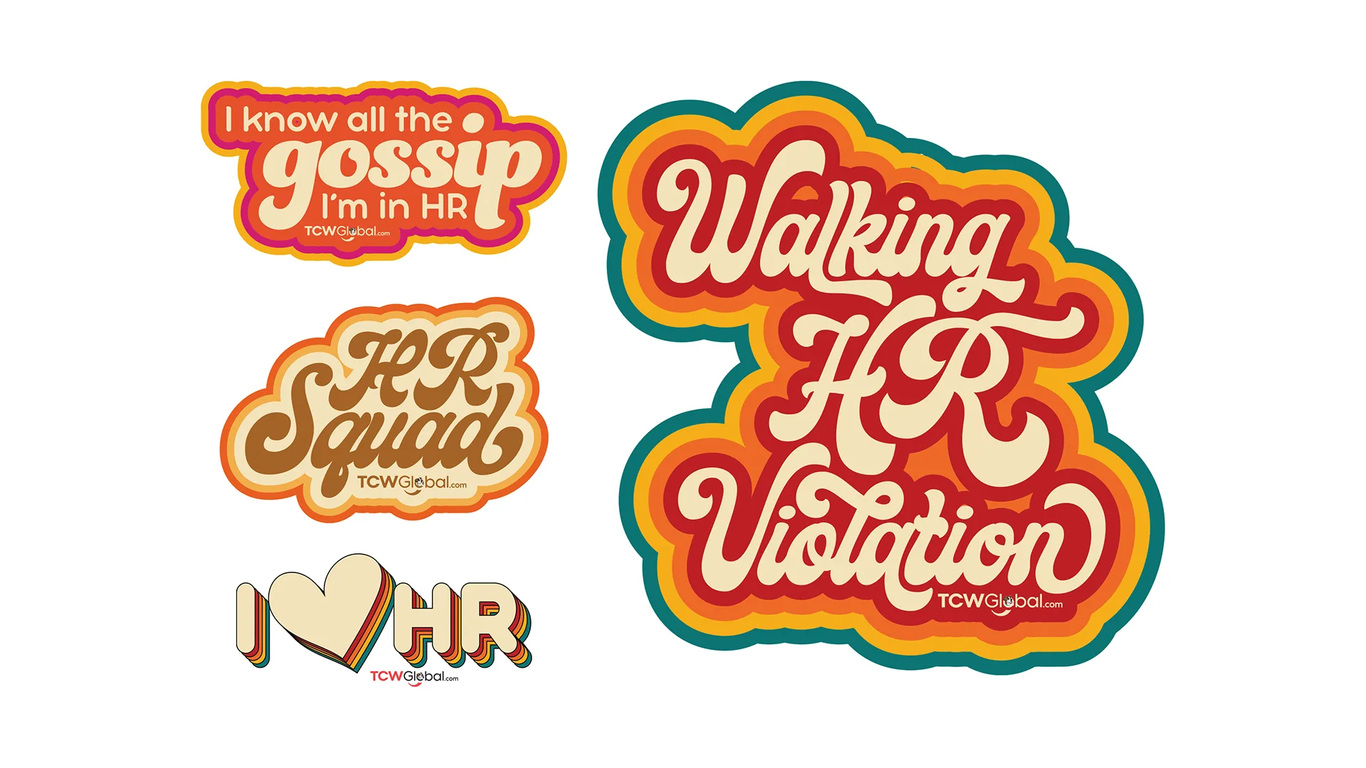 Set of four retro-style TCWGlobal HR stickers with playful slogans like HR Squad and Walking HR Violation