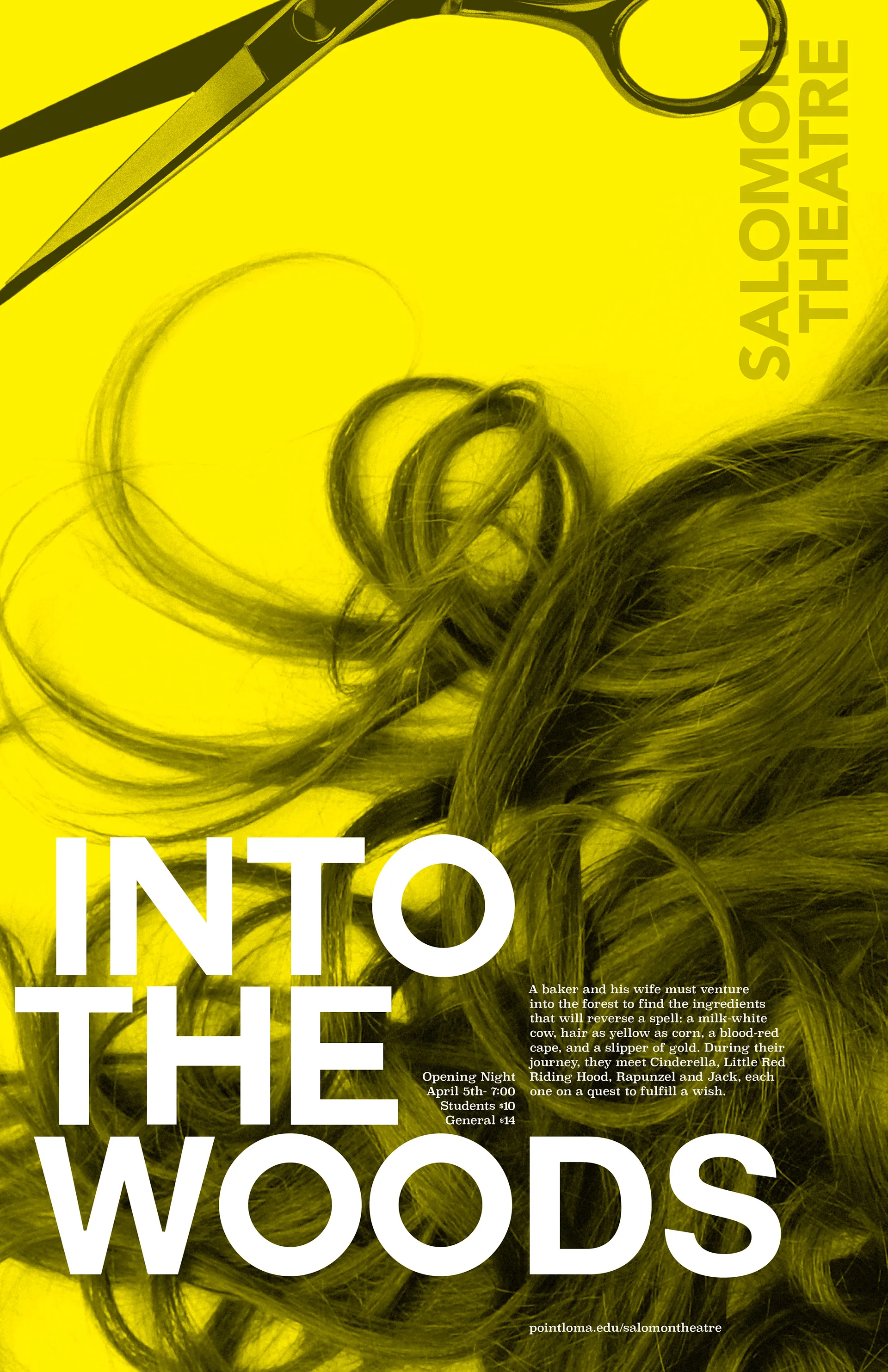 Yellow Into the Woods poster showing scissors cutting through flowing golden hair with show details