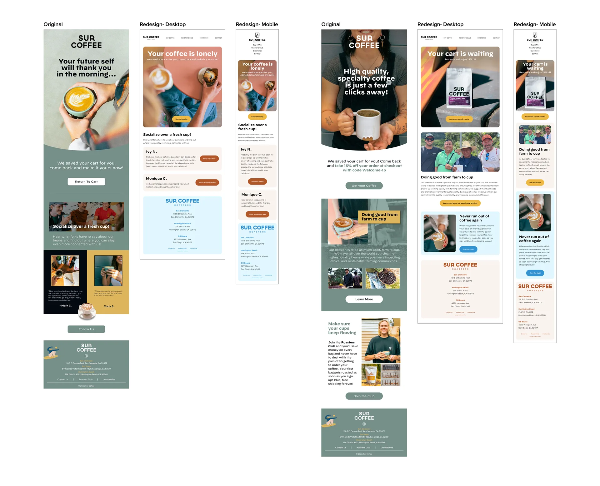 Original versus redesigned Sur Coffee browse abandonment emails for the Your Coffee Is Lonely and Your Cart Is Waiting messages