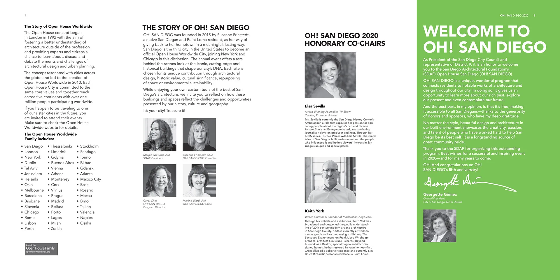 Open House guide spread with the OH! San Diego family tree, a welcome letter, and honorary co-chair photos