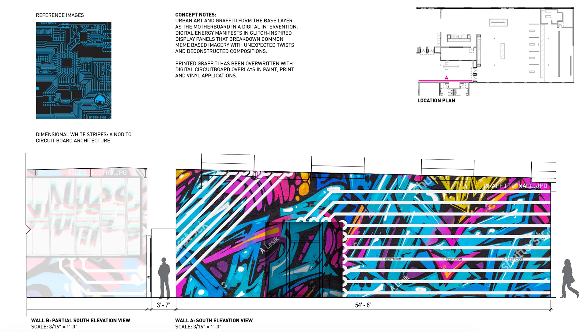 Wall elevation drawings for a colorful graffiti mural overlaid with dimensional white circuit-board stripes and a location plan