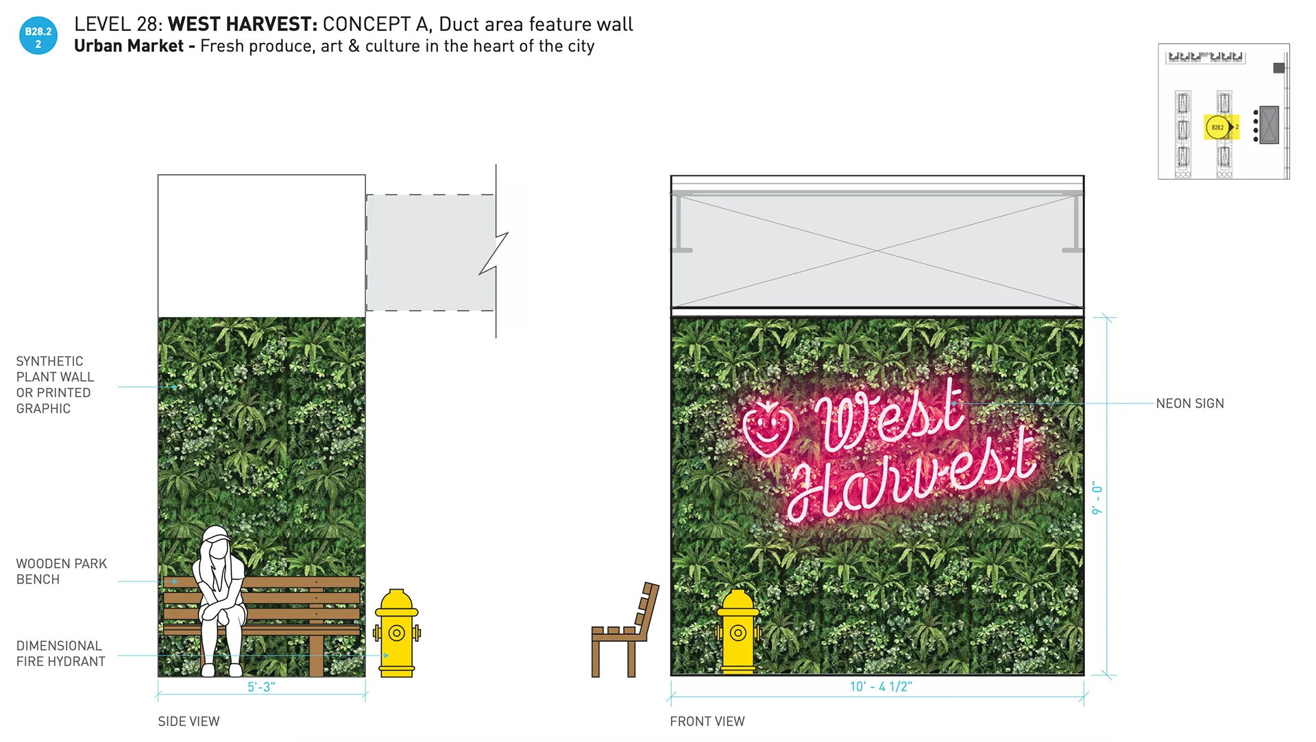 Urban Market concept duct wall with a synthetic plant wall, neon West Harvest sign, and park bench