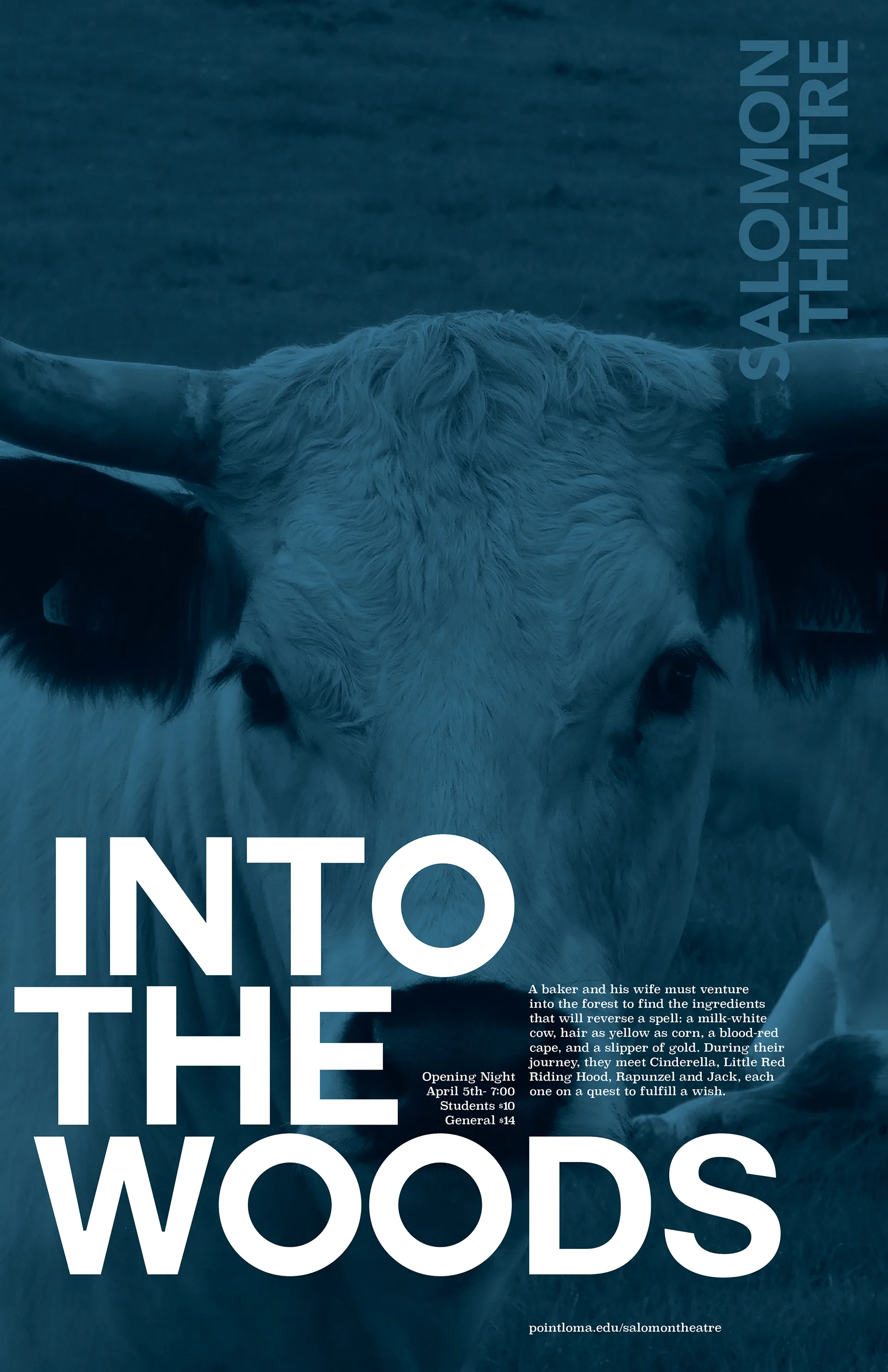 Blue-toned Into the Woods poster featuring a close-up longhorn cow face with show details