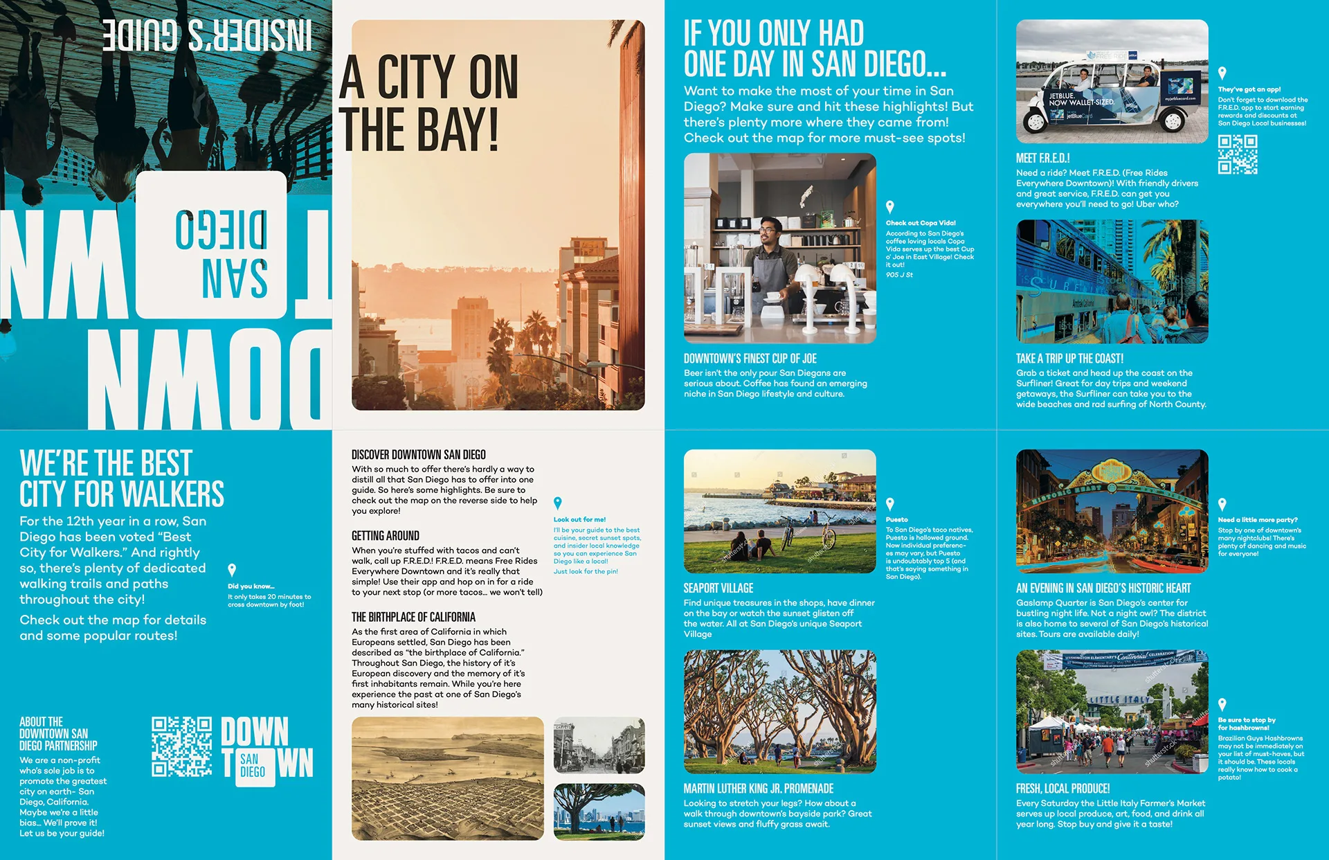A City on the Bay cover spread beside a one-day San Diego itinerary page with coffee shop and coastal photos