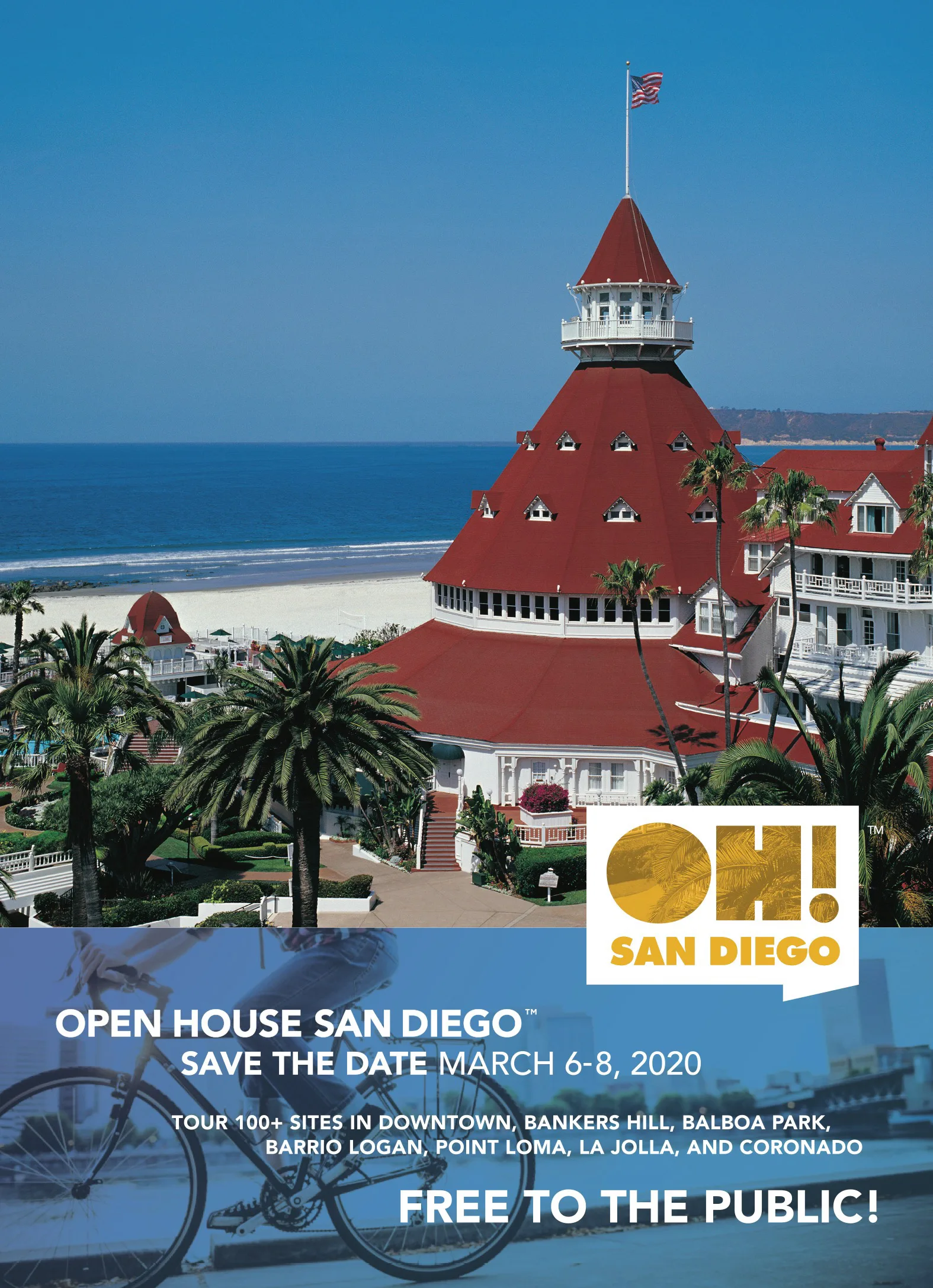 Accompanying Location Map poster of the Hotel del Coronado with a cyclist in the foreground and event details