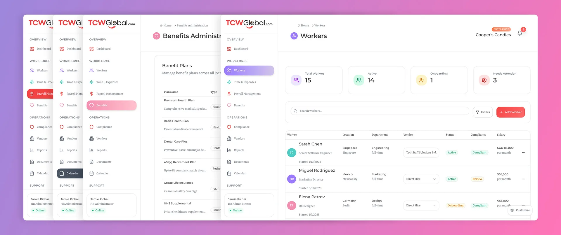 Layered phone screens showing TCWGlobal portal benefits administration and worker list views with compliance status