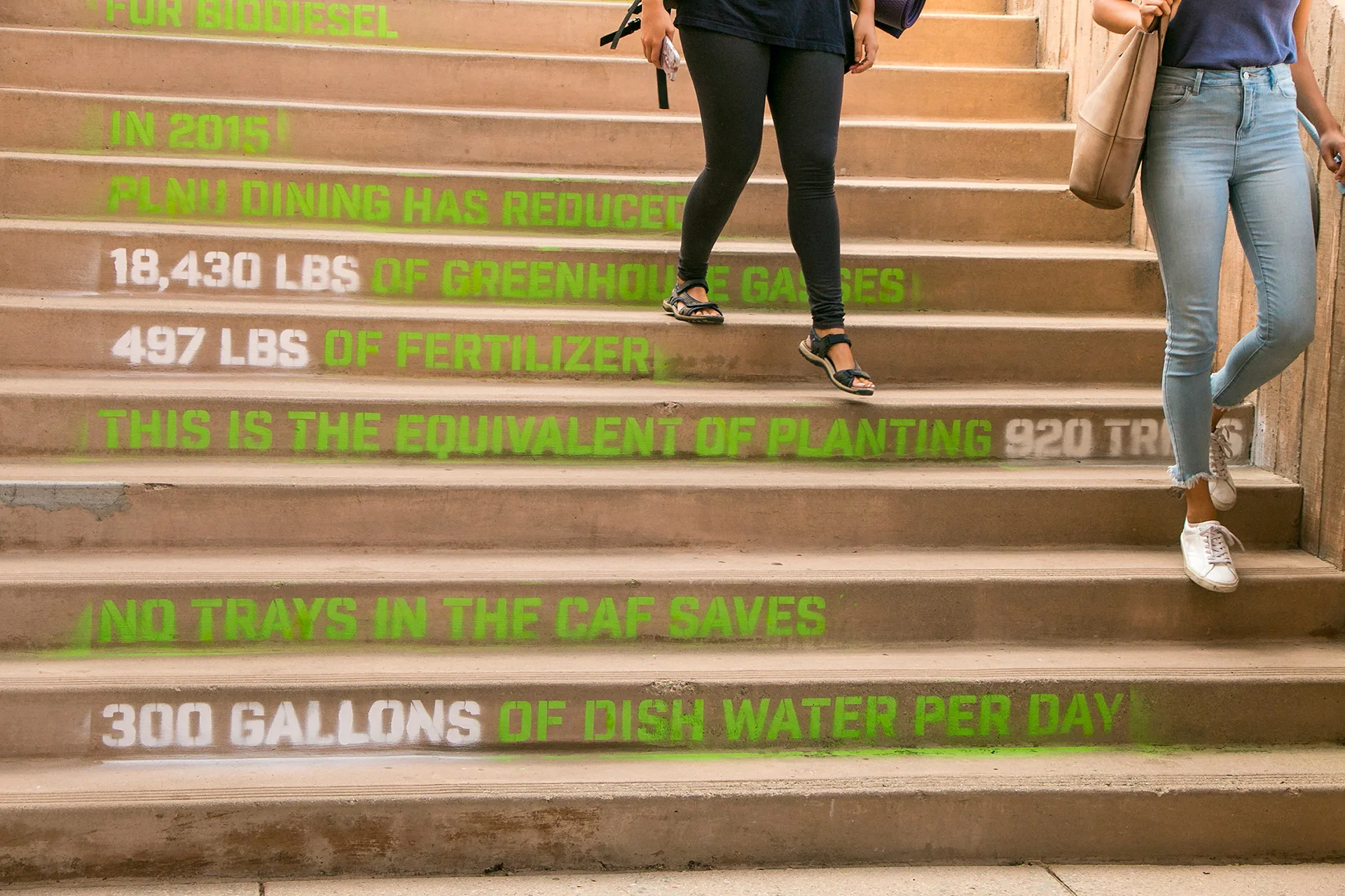 Students walking past stairs stenciled in green with facts about PLNU dining's biodiesel and food waste reduction